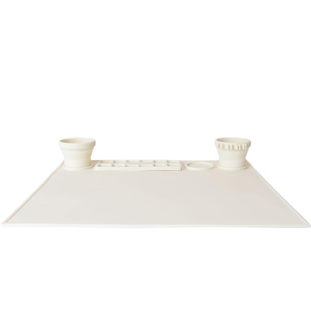 Cheek's Paper Room-Creator Silicone Craft Mat for Painting and Crafts V.2.0 (Oatmilk) Large Mat with Collapsible Paint Brush Cleaner for Painting, Clay, Resin and Crafts 15inches X 17inches