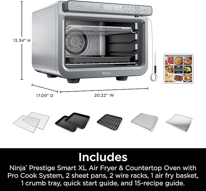 Ninja Prestige Smart XL with Pro Cook System 10-in-1 Air Fry Digital Countertop Convection Toaster Oven with Air Fry, Broil & Bake, Pro Cook Thermometer, 1800 Watts, Stainless Steel, DT551 (Renewed)