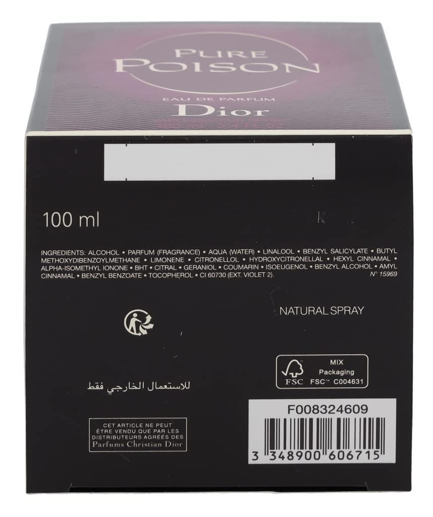 Dior Christian Pure Poison Eau de Parfum Spray, 3.4 Ounce, floral fragrance, Multicolor