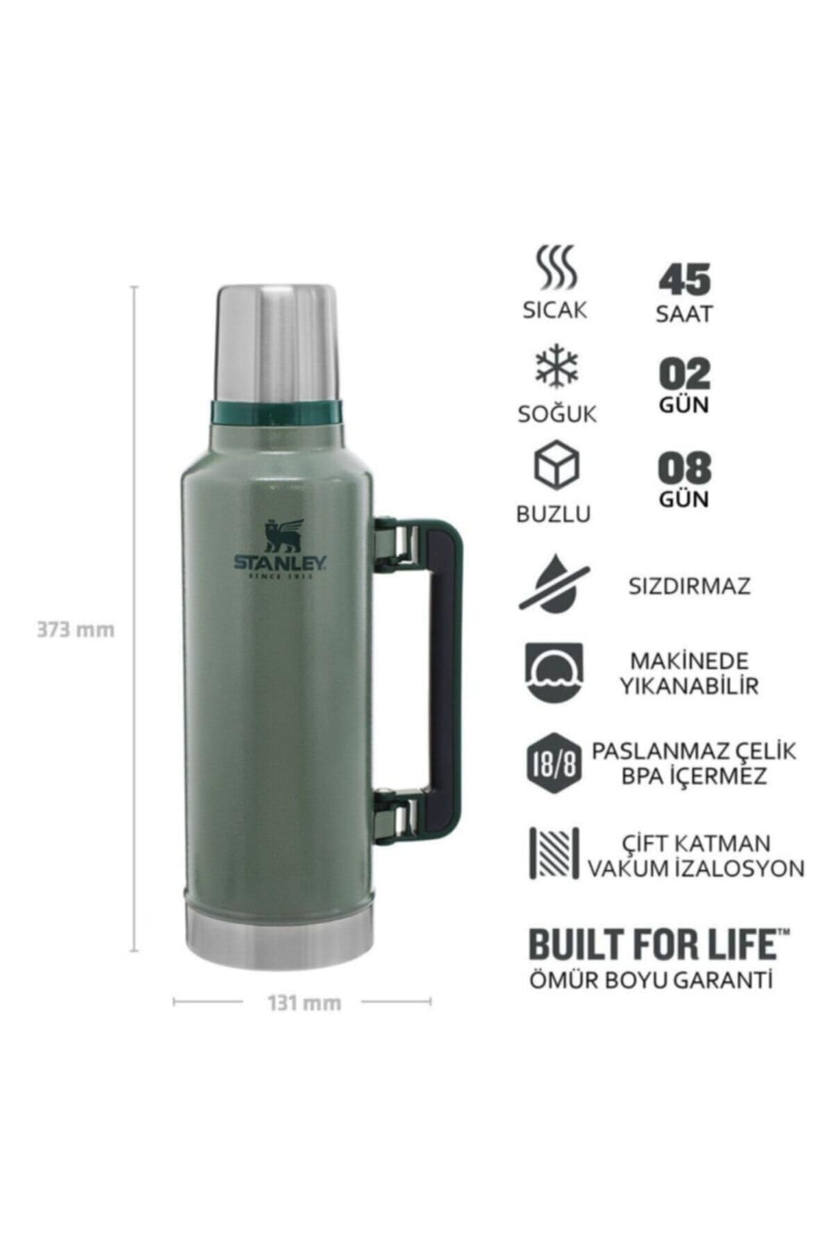 Stanley Classic Vacuum Insulated Wide Mouth Bottle - Hammertone Green - BPA-Free 18/8 Stainless Steel Thermos for Cold & Hot Beverages - 2.0 QT