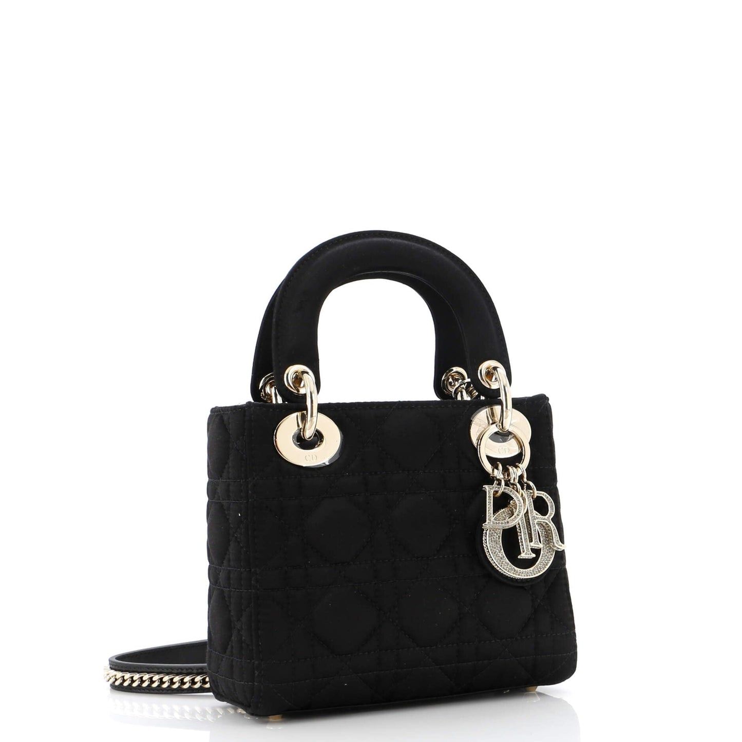 Christian Dior, Pre-Loved Lady Dior Bag Cannage Quilt Satin with Crystal Charms Mini, Black
