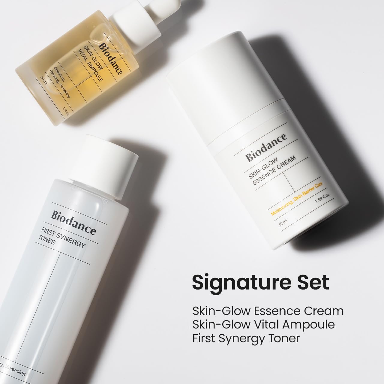 Biodance Basic Skincare Signature Set, Skin Glow Vital Ampoule (50ml) + Skin Glow Essence Cream (50ml) + First Synergy Toner (100ml), Intensive Moisturizing Bundle