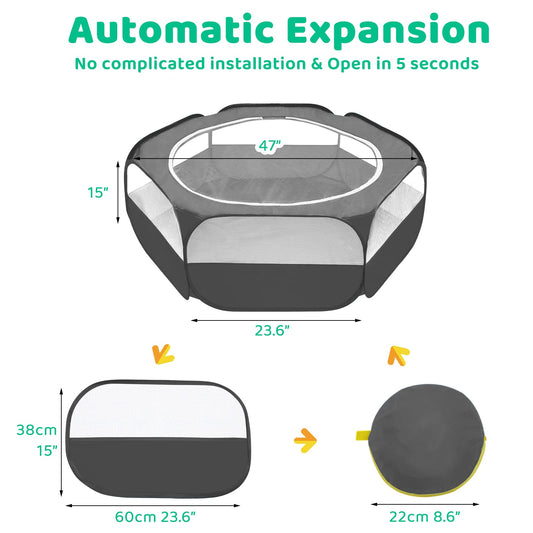 Amakunft Guinea Pig Playpen with Cover, Bunny Playpen with Top, Rabbit Pop Up Playpen with Roof, Small Animal Play Pen Indoor, for Ferret/Chinchilla/Bearded Dragon/Kitten (Black)