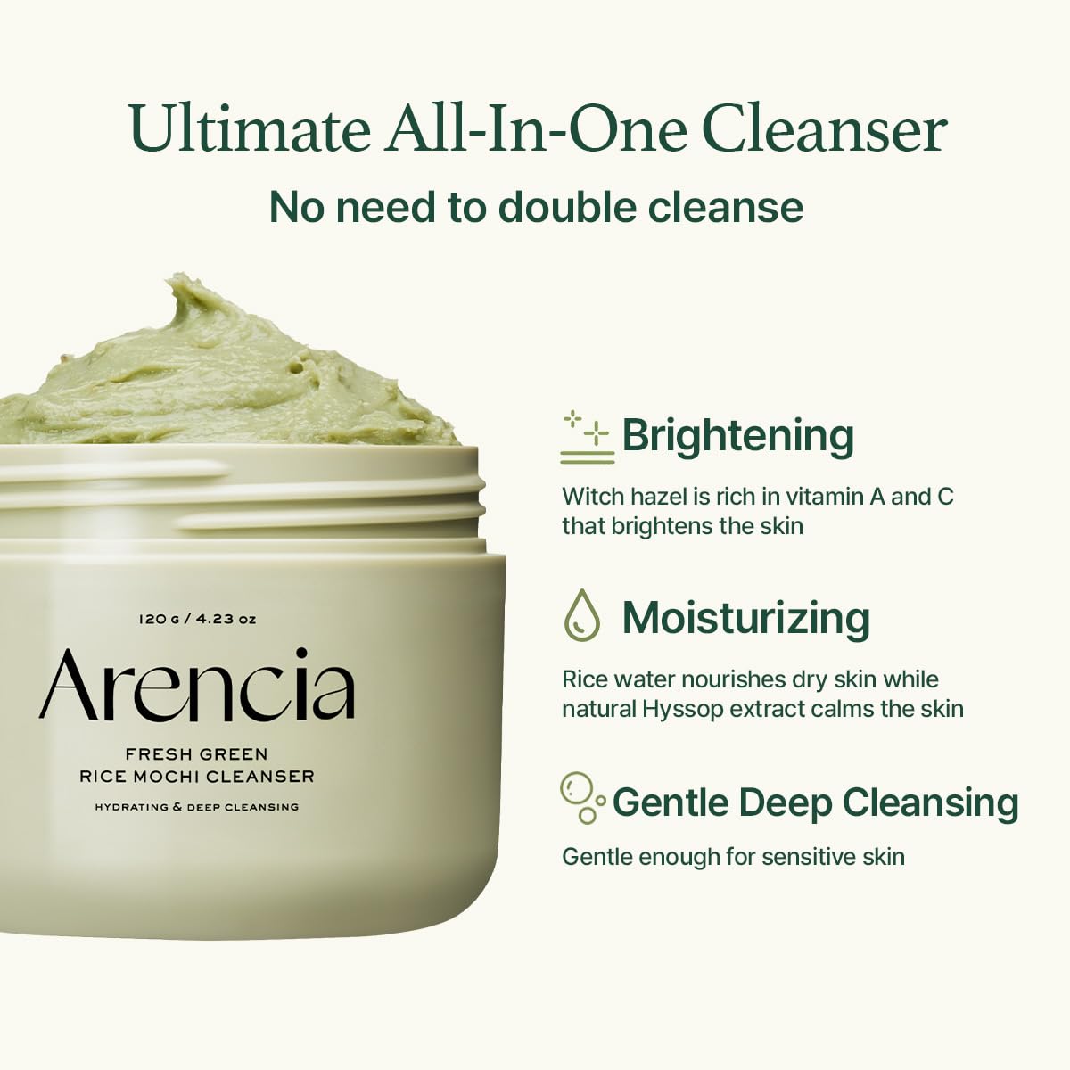 Arencia Korean Rice Mochi Face Cleanser - Face Mask, Foaming Cleanser, Gentle Scrub All in One - Deep Cleansing, Moisturizing, Pore Minimizing, Removing Blackhead- with Rice Water & Green Tea, Mugwort