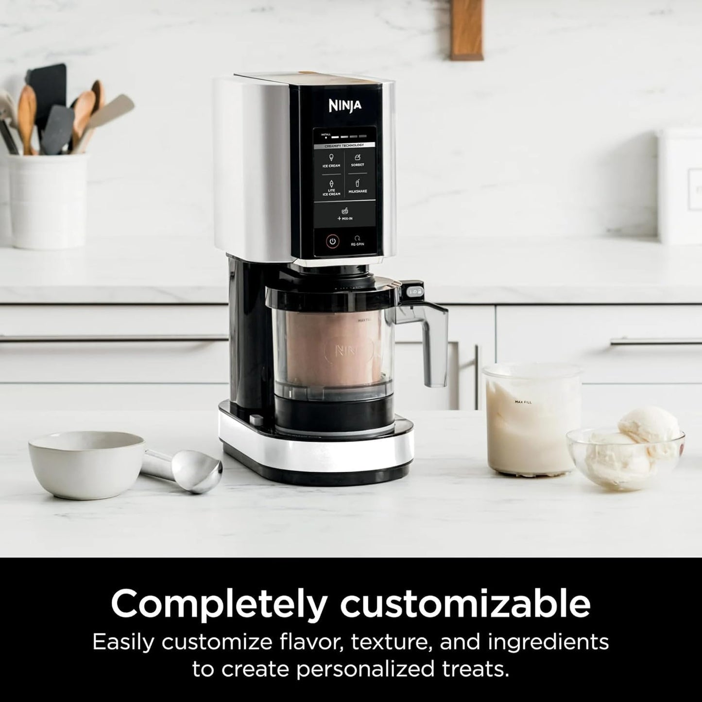 Ninja CREAMi Ice Cream Maker, 5 One-Touch Programs, Includes (2) 16oz Pints with Lids, Transform Frozen Bases to Ice Cream, Sorbets, Milkshakes, Vegan, Dairy-Free Options, NC300 White (Renewed)