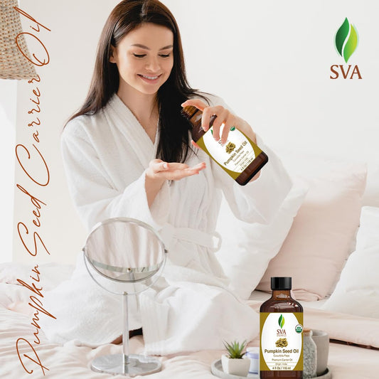 SVA Pumpkin Seed Oil Organic - 4 Fl Oz – 100% Natural Cold Pressed Organic Pumpkin oil - for Face, Skin Care, Hair Care, Scalp Massage & Body Massage – Carrier Oil with Dropper