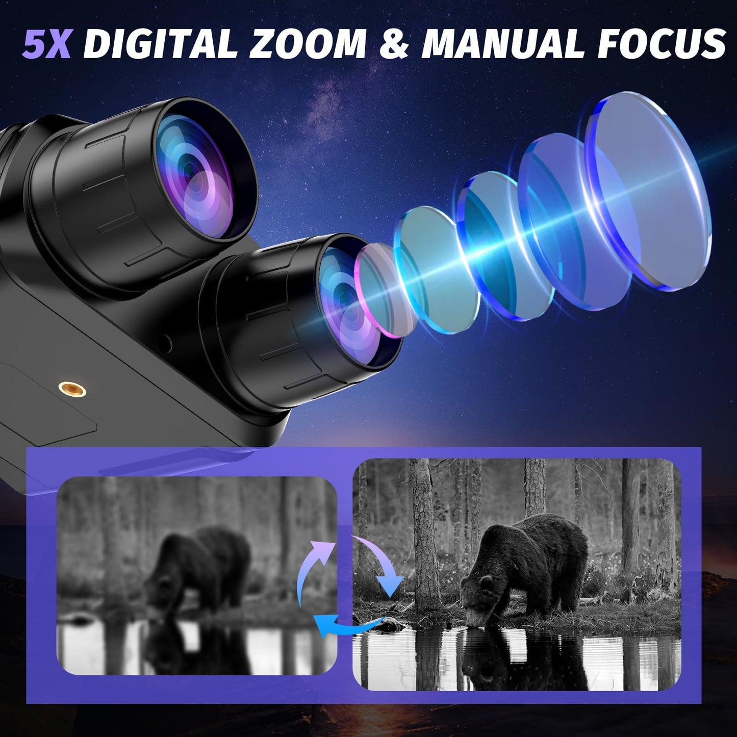 Night Vision Goggles - 4K Night Vision Binoculars with 5000mAh Rechargeable Battery, 32GB TF Card can Save Photo and Video, 3'' HD Screen for Camping & Security, Black