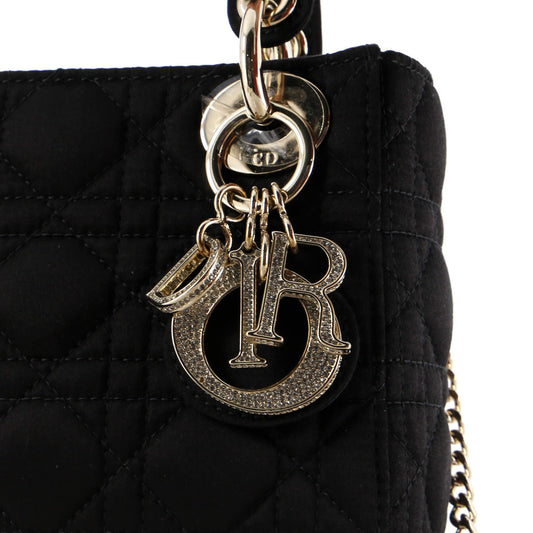 Christian Dior, Pre-Loved Lady Dior Bag Cannage Quilt Satin with Crystal Charms Mini, Black