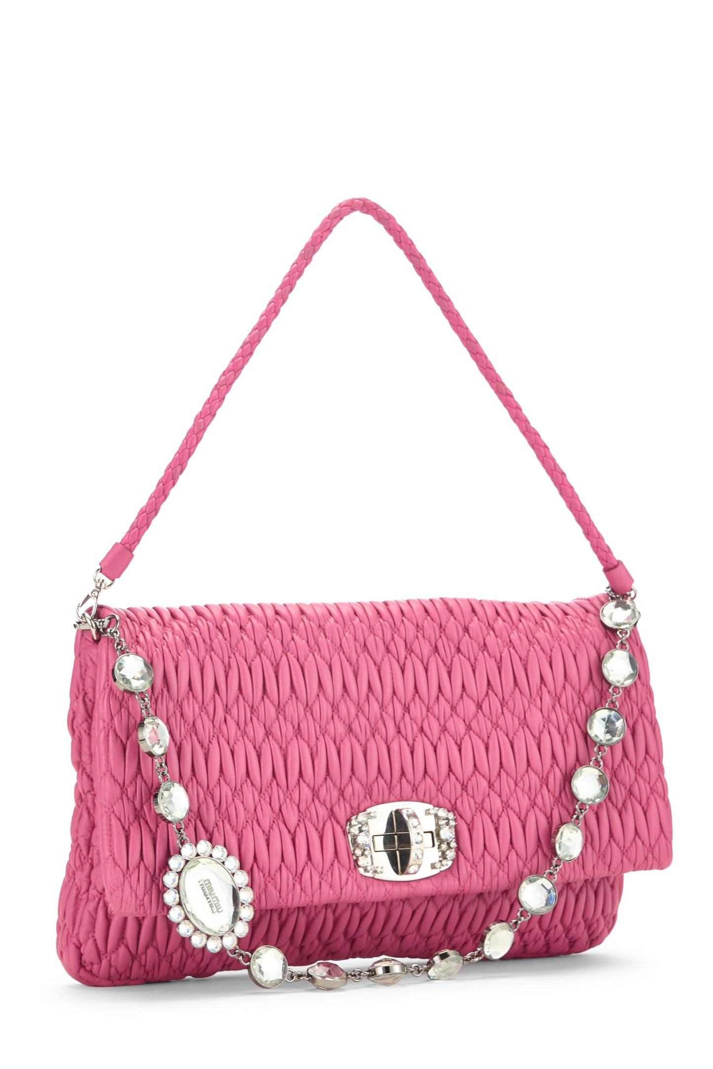 Miu Miu, Pre-Loved Pink Nappa Crystal Flap Shoulder Bag, Pink