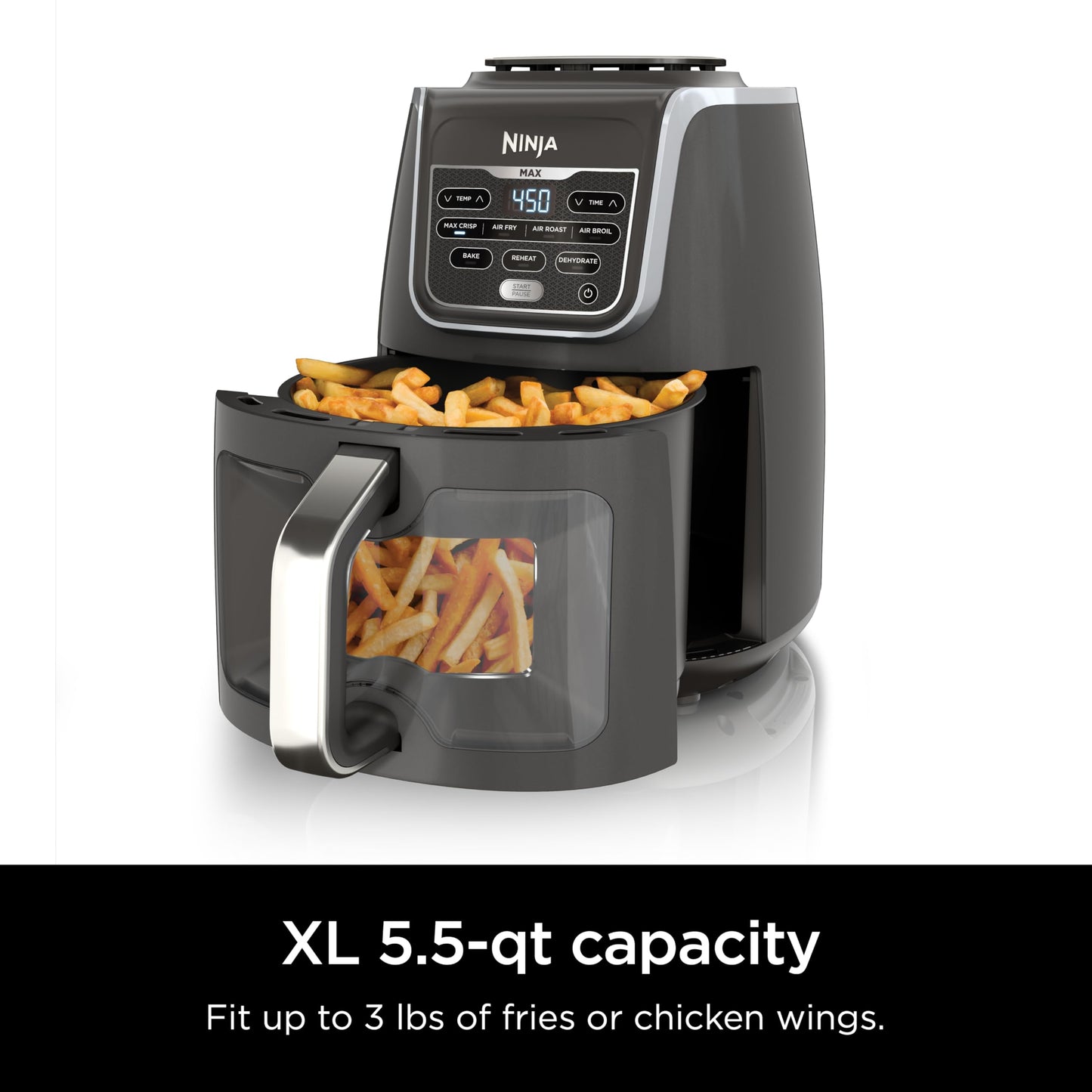 Ninja EzView Air Fryer Max XL, 5.5-QT Capacity, 7 functions: Max Crisp, Air Roast, Bake, Reheat, Dehydrate, and more, up to 450°F, EzView Window, Grey, AF171C (Canadian Version)