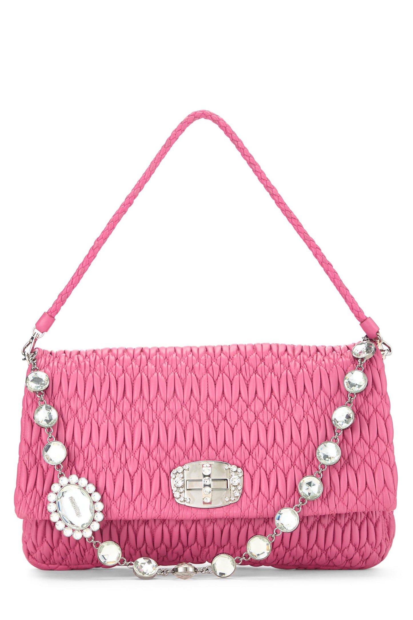 Miu Miu, Pre-Loved Pink Nappa Crystal Flap Shoulder Bag, Pink