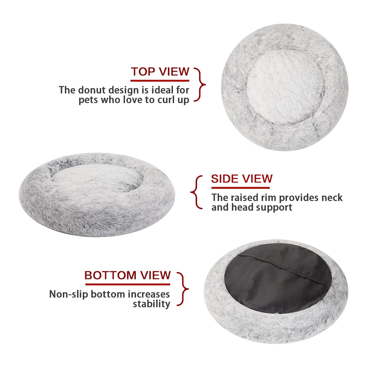 Bedfolks Calming Donut Dog Bed for Small Dogs & Cats, 23 Inches Round, Machine Washable, Anti-Anxiety Plush Bed (Dark Grey, Small)