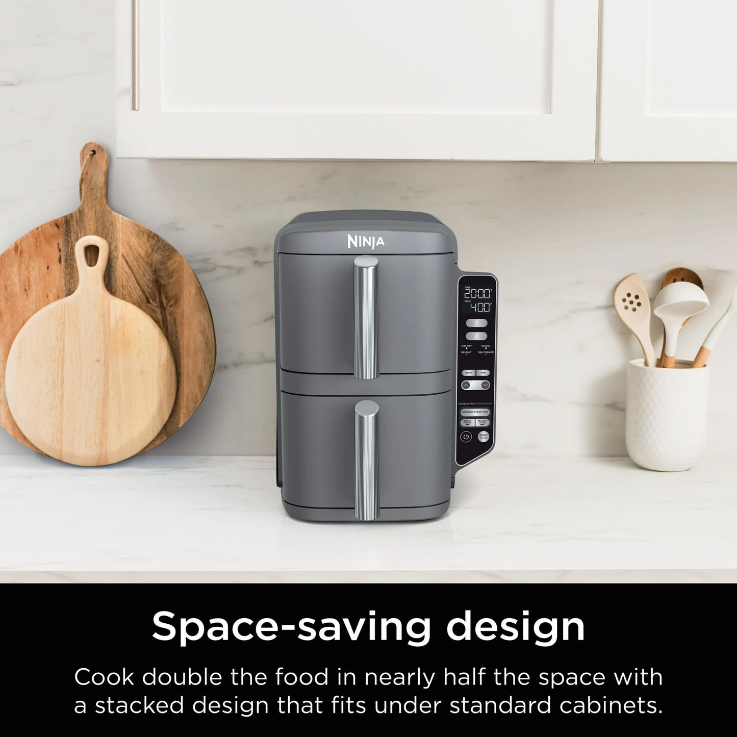 Ninja SL400 DoubleStack XL 2-Basket Air Fryer, Cooks 4 Foods at Once, Compact Design, 10 QT, 4-in-1, Smart Finish & Match Cook, Air Fry, Broil, Bake, Easy Meals, Easy Clean, Grey (Renewed)