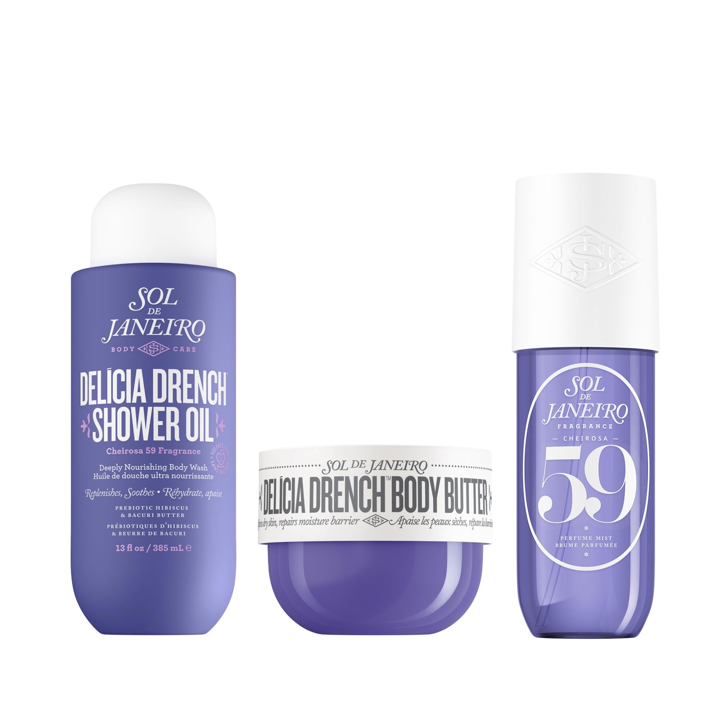 Sol de Janeiro Deeply Moisturizing Trio - Delicia Drench Shower Oil, Delicia Drench Body Butter, & Cheirosa 59 Perfume Mist, Amazon Exclusive