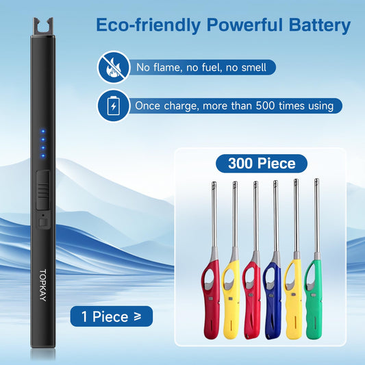 TOPKAY Electric Candle Lighter, Windproof Flameless USB Rechargeable Plasma Arc Long Lighter for Grill Firework Kitchen Camping (Black)