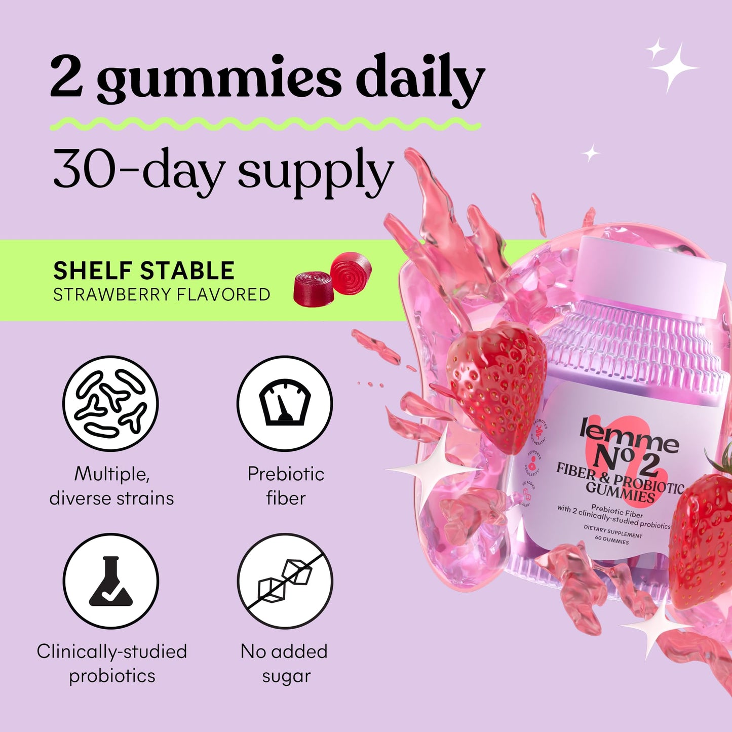 Lemme No. 2 Fiber & Probiotic Gummies for Adults, Promotes Regularity & Digestive Health, No Sugar Added Strawberry Flavor, 4g Prebiotic Fiber & Clinically Studied Probiotic Strains, (60 Count)