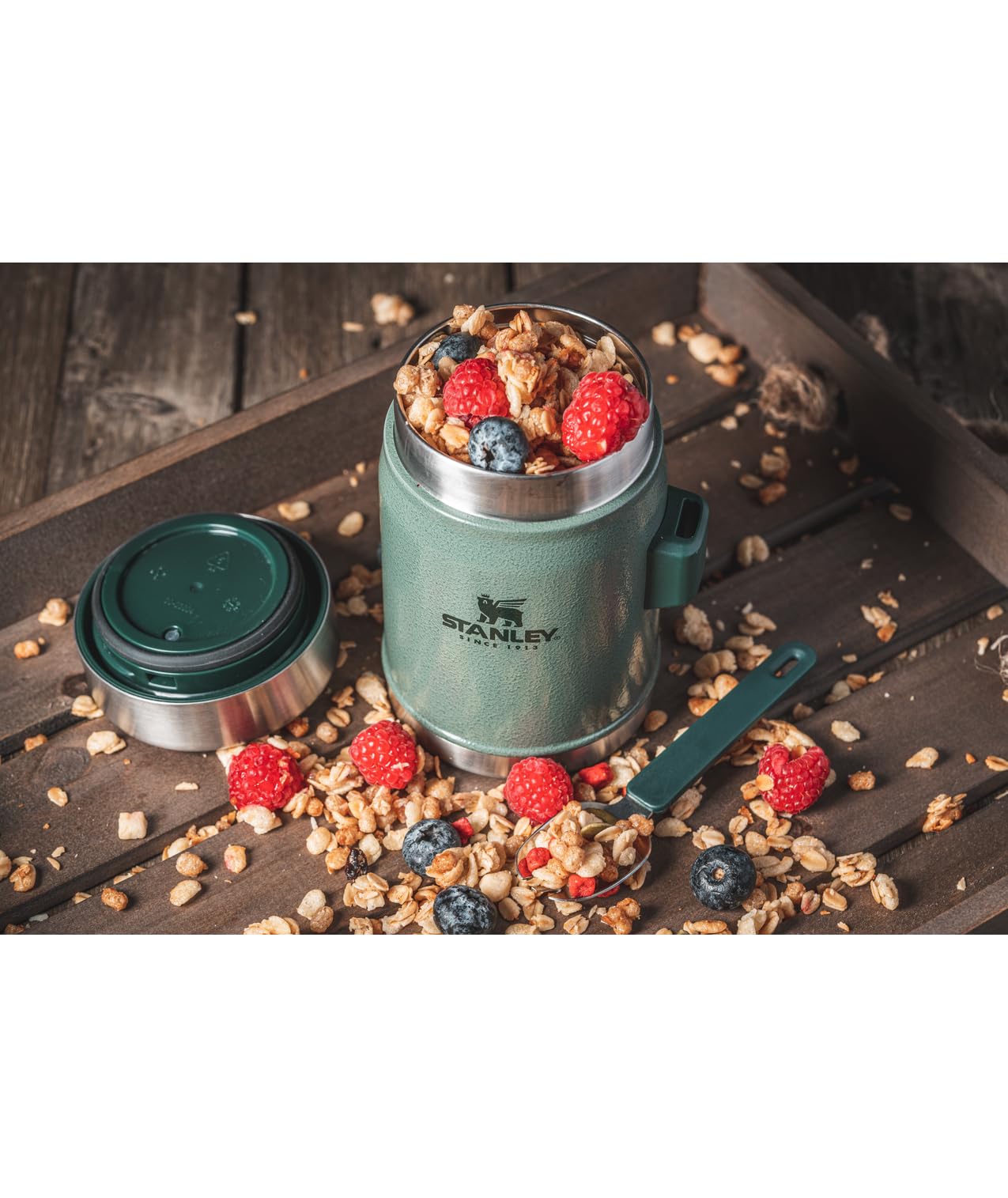 Stanley Classic Food Jar and Spork 14 oz | Vacuum Insulated Thermos Food Container | Wide Mouth Screw On Lid | Packable for Travel | Stainless Steel with Leakproof Lid | BPA-Free | Hammertone Silver