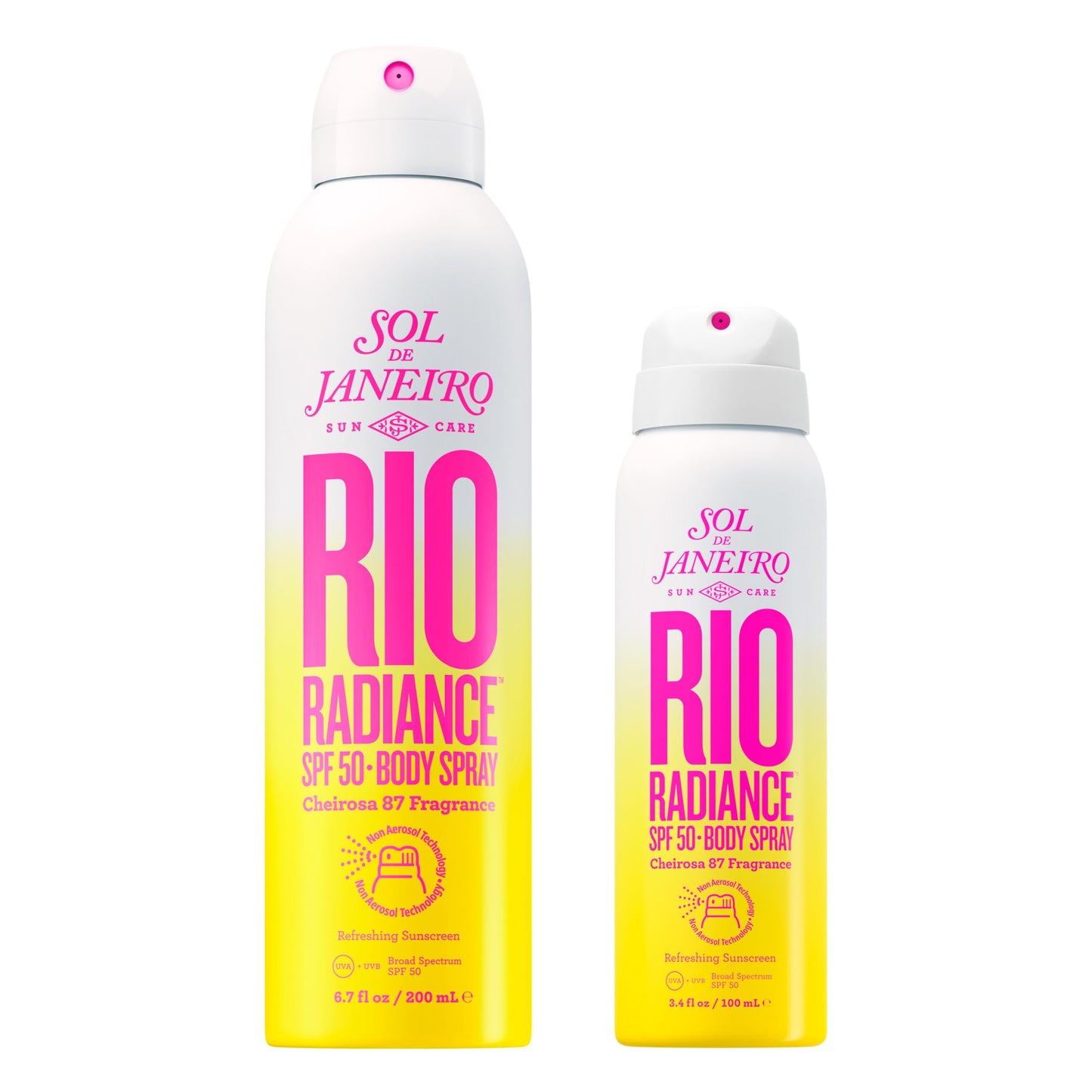 Sol de Janeiro Rio Radiance SPF 50 Body Spray Duo | Spray Sunscreen for Body | Sheer Coverage | UV Protection | 6.7 & 3 Fl Oz - Full & Travel Size Sunscreen | Amazon Exclusive