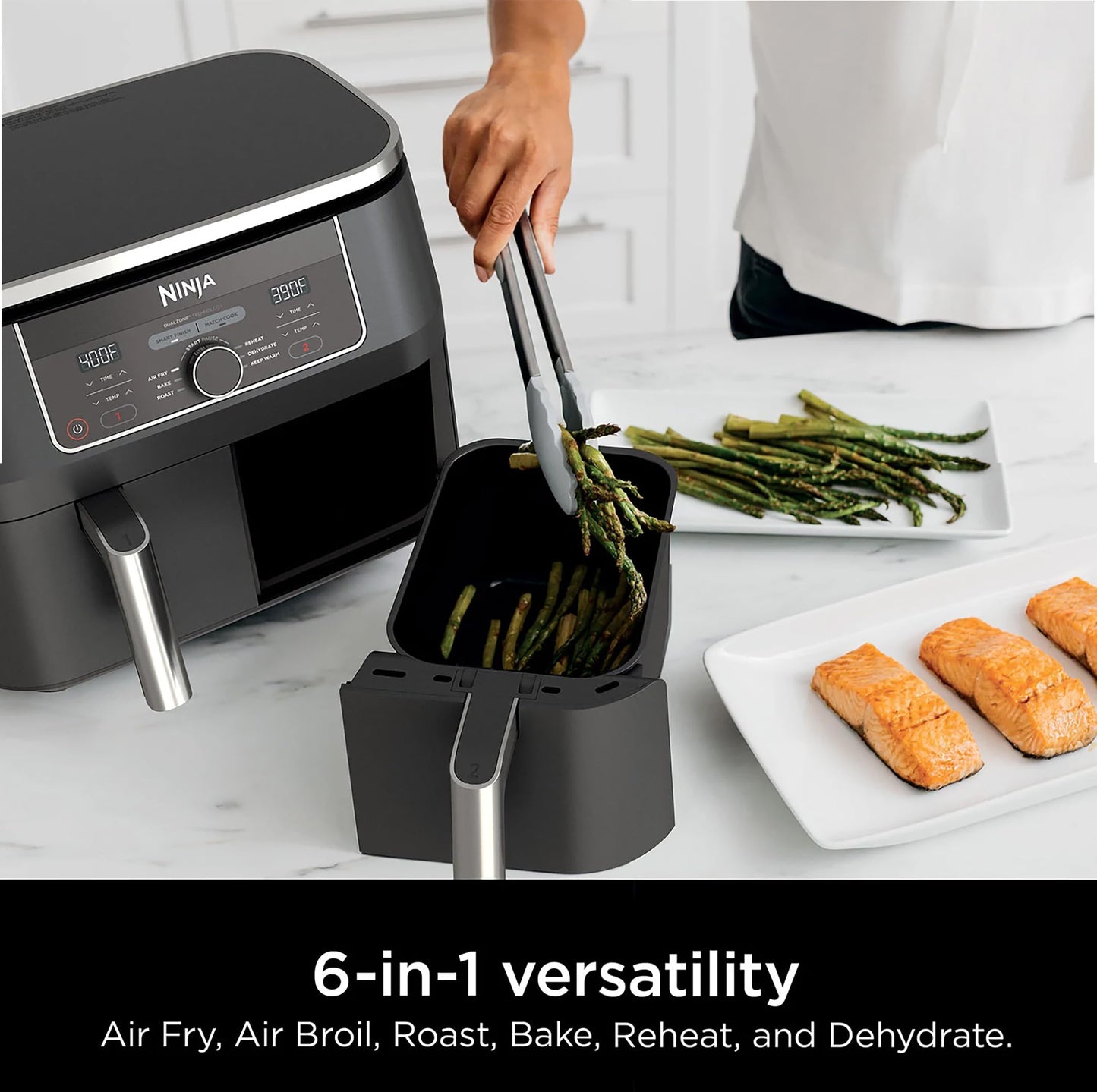 Ninja AD150 Foodi 8 Quart 6-in-1 DualZone 2-Basket Air Fryer with 2 Independent Frying Baskets, Match Cook & Smart Finish to Roast, Broil, Dehydrate & More for Quick, Easy Meals, Black (Renewed)