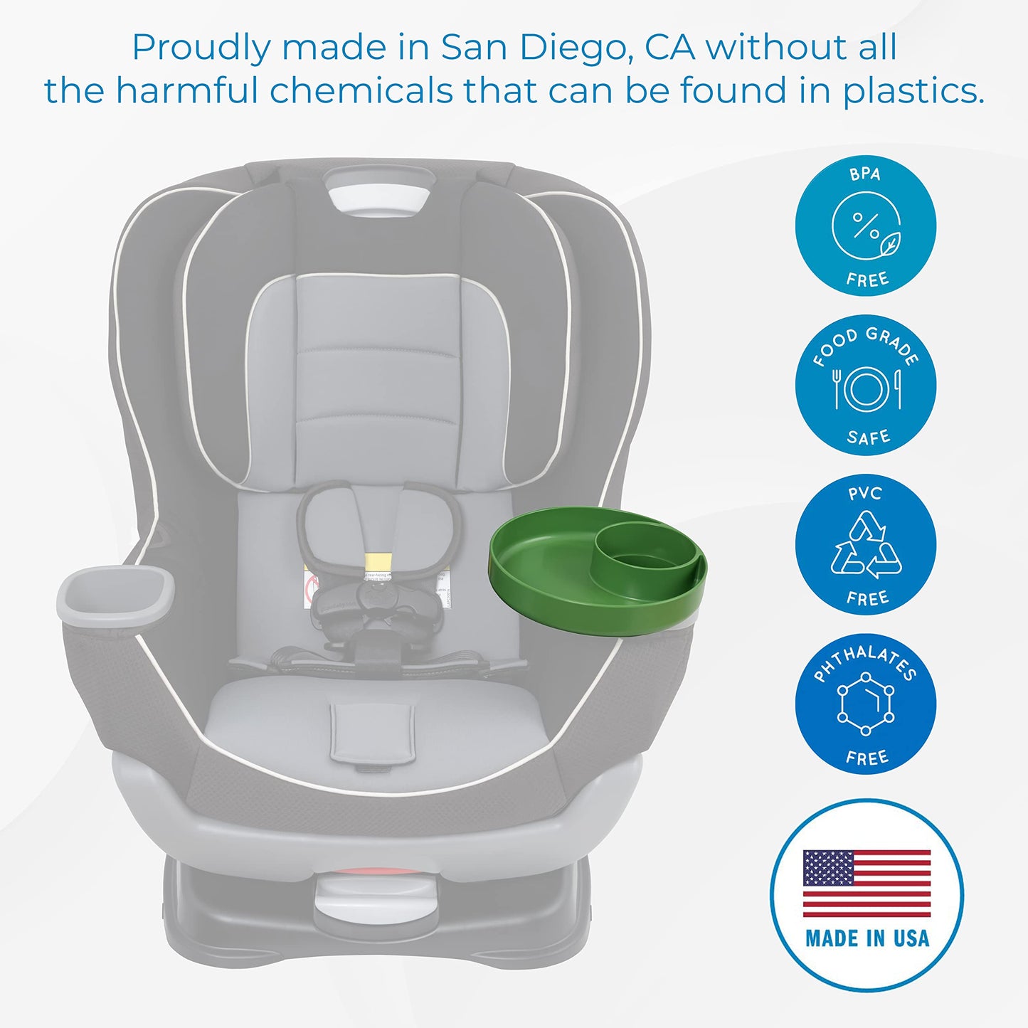 Travel Tray Round, USA Made Easily Convert Your existing Cup Holder to a Tray and Cup Holder for use in a Car Seat, Booster, Stroller, Golf Cart and Anywhere You Have a Cup Holder! Dino Green