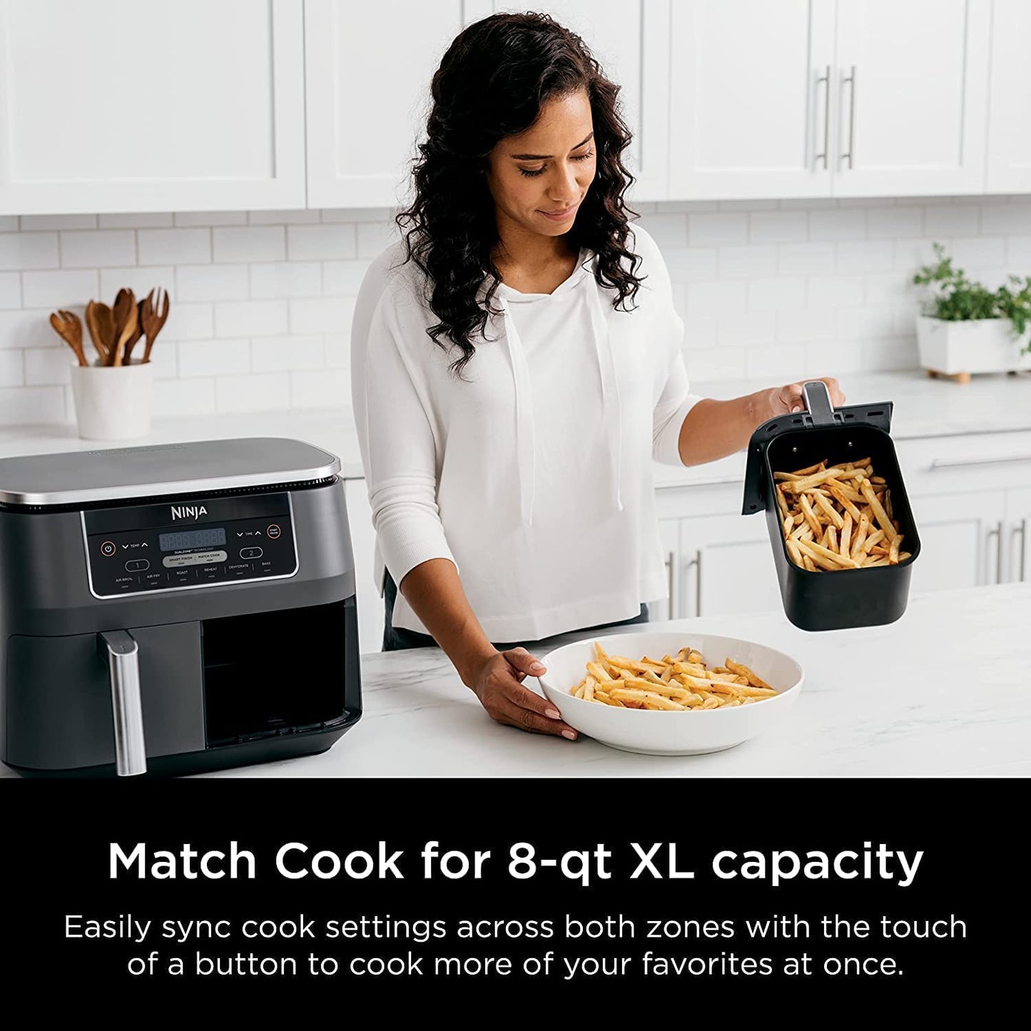 Ninja DZ201 Foodi 6-in-1 2-Basket Air Fryer with DualZone Technology, 8-Quart Capacity -Dark Grey Stainless- (Renewed)