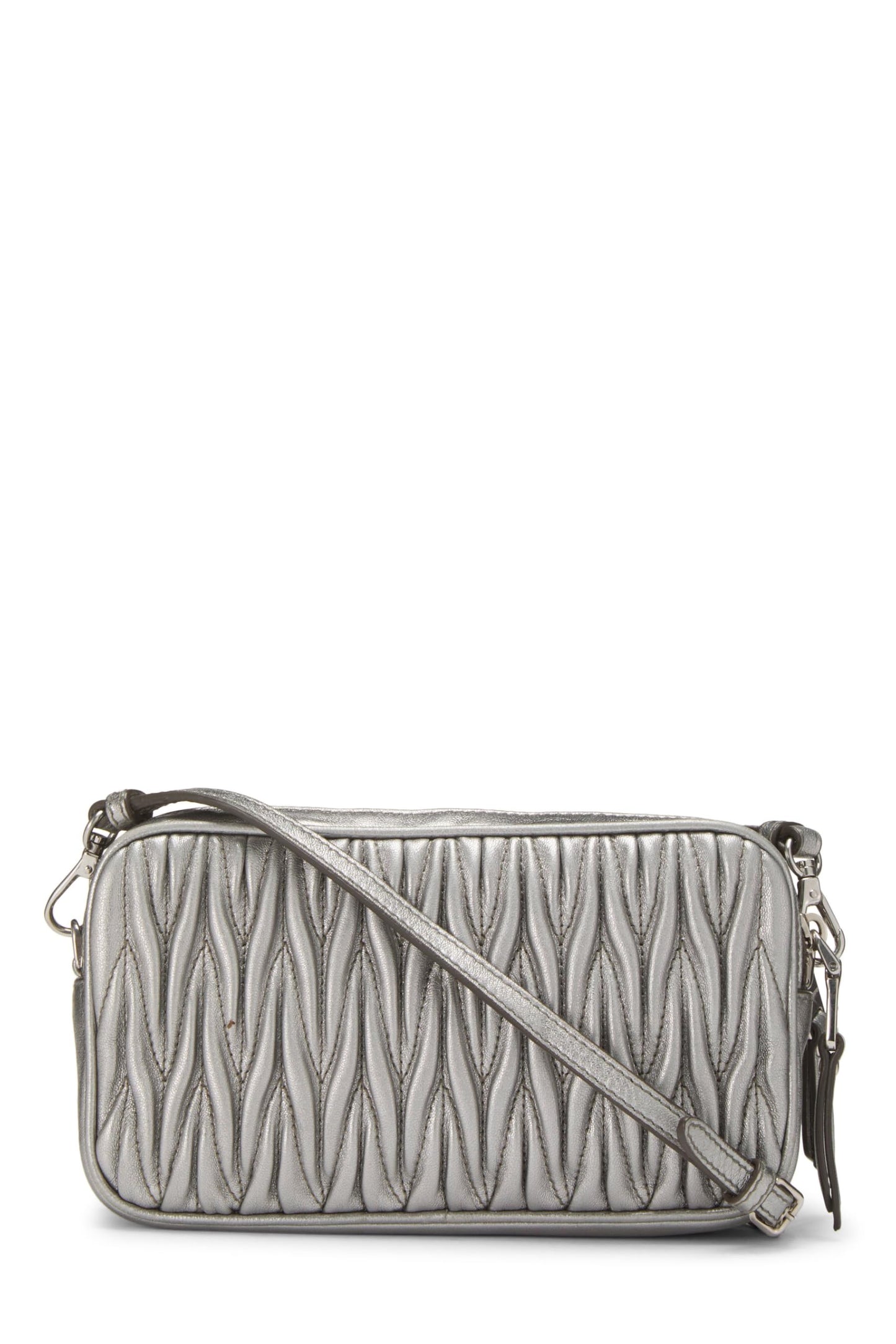 Miu Miu, Pre-Loved Silver Nappa Double Zip Camera Crossbody Bag, Silver