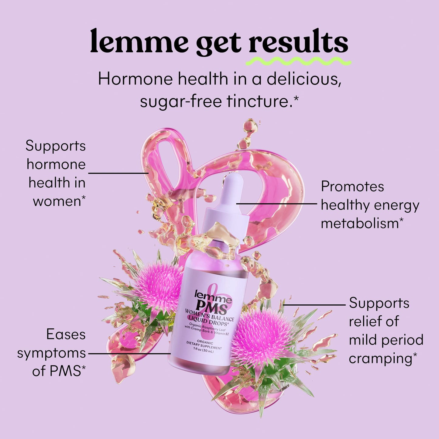 Lemme PMS Hormone Balance for Women Liquid Drops, PMS & Mild Period Cramping Relief, 10-in-1 Herbal Blend with Raspberry Leaf, Dong Quai, Cramp Bark, Reishi & B2, Organic, Sugar-Free, 1 fl oz