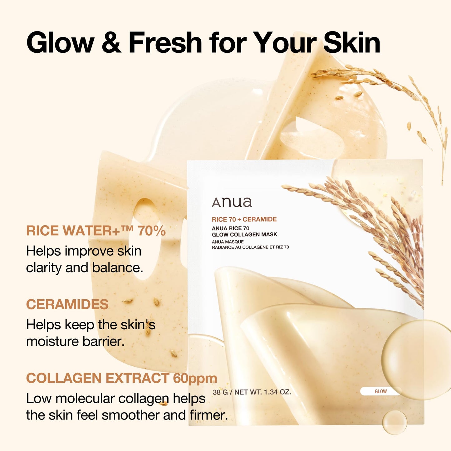 ANUA Rice 70 Glow Collagen Mask, Overnight Face Mask for Glass Skin, Ceramide, Collagen Facial Mask, Skin Moisture Barrier, Tightening Care, Natural Color, Korean Skin Care (38g, 4ea)