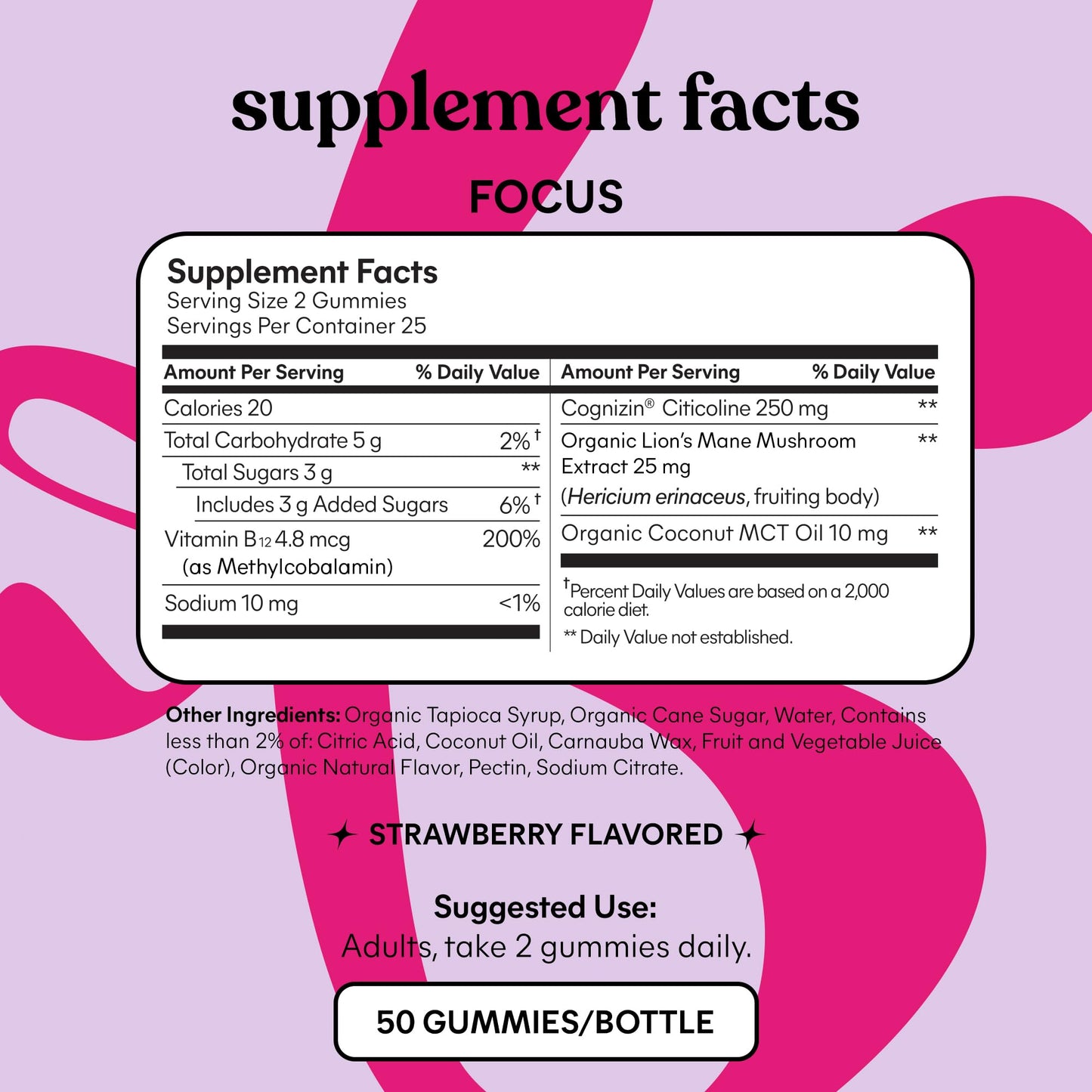 Lemme Focus Concentration & Brain Health Gummies with Cognizin Citicoline, Lion's Mane Mushroom, Vitamin B12 to Support Focus + Concentration - Gluten Free, Caffeine Free, Strawberry (50 Count)