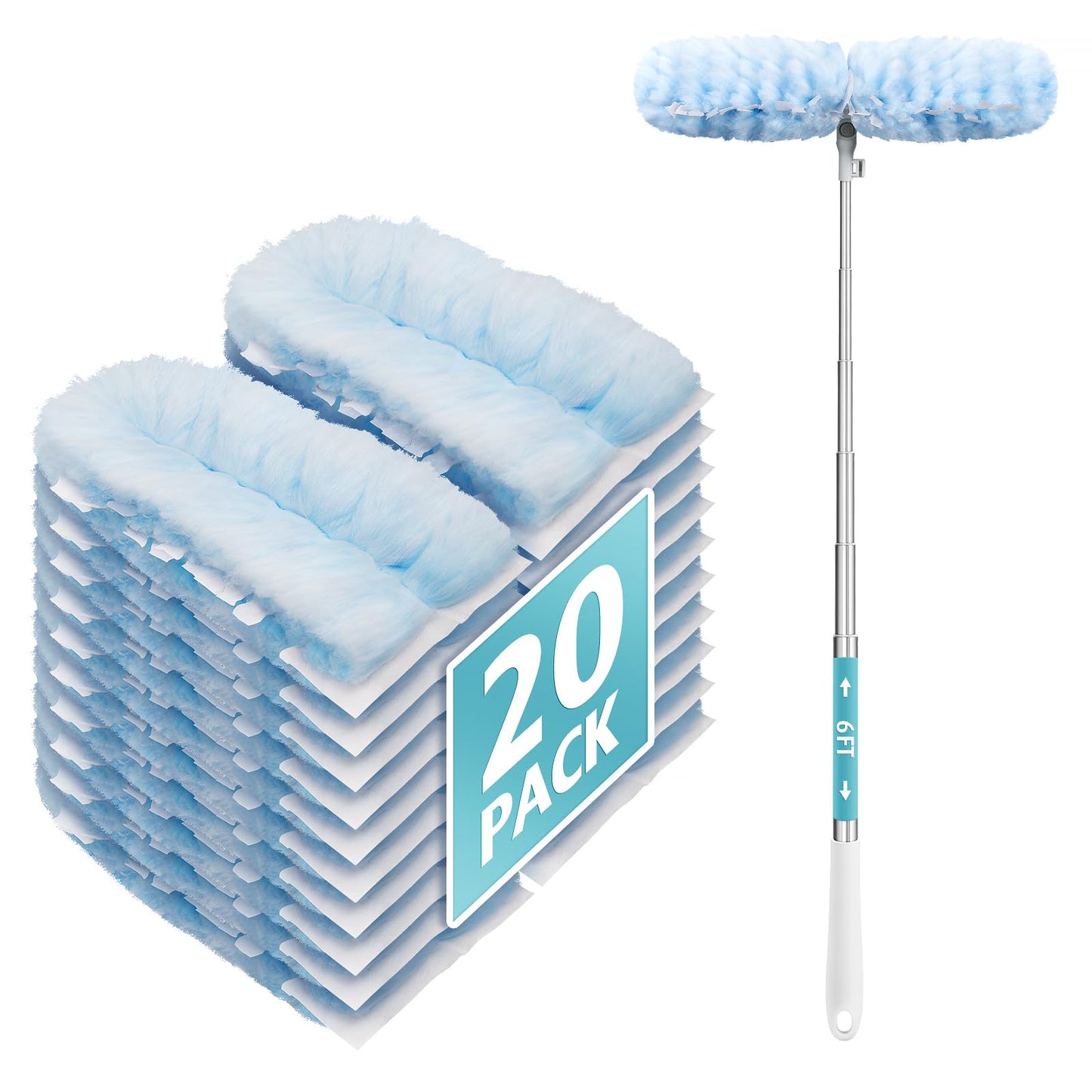 6 ft Extendable Duster Handle with 20 Refills, Compatible with Swiffer, Disposable Microfiber Dusting Pads for Home Cleaning, Ceiling, Fan, Window, Hard-to-Reach Areas