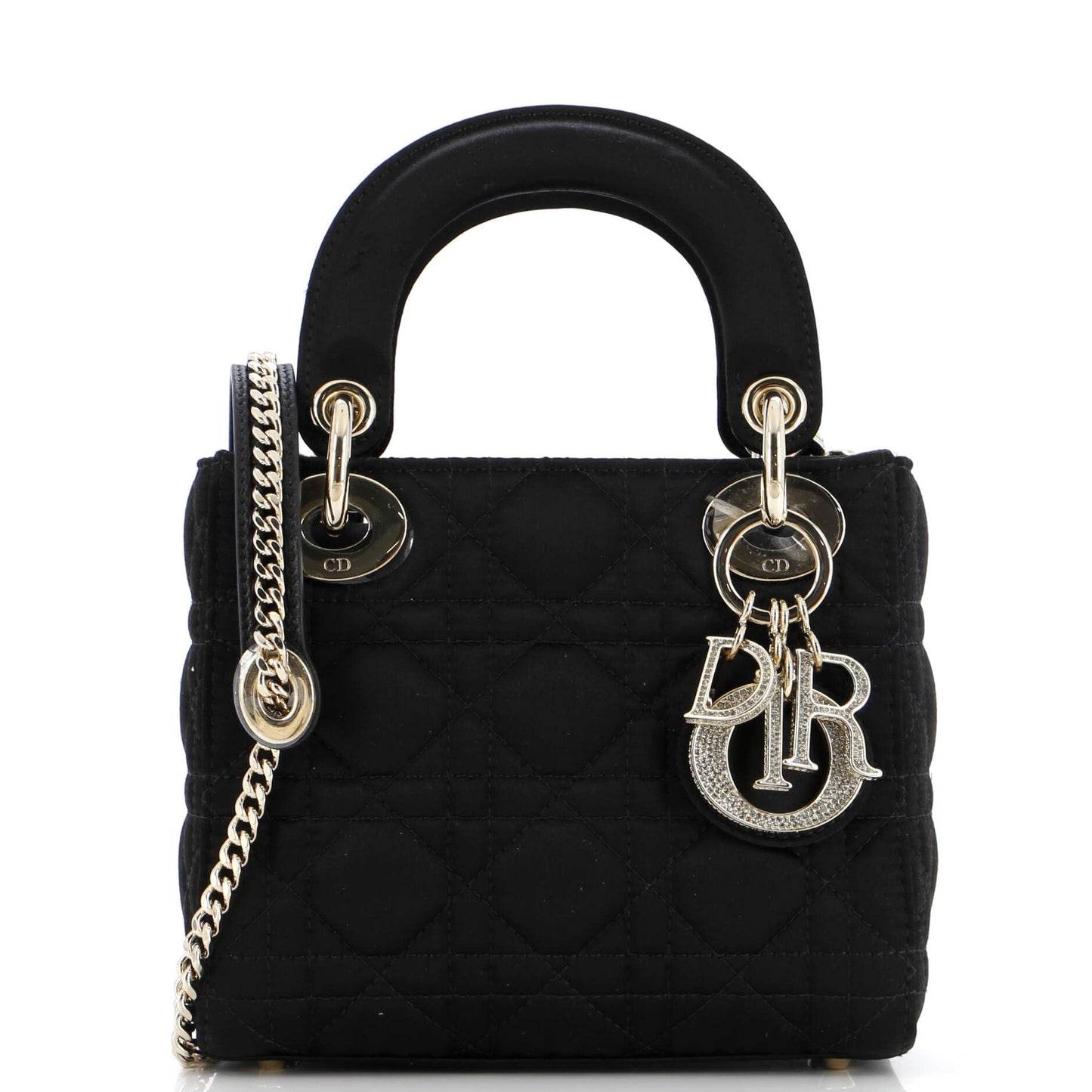 Christian Dior, Pre-Loved Lady Dior Bag Cannage Quilt Satin with Crystal Charms Mini, Black