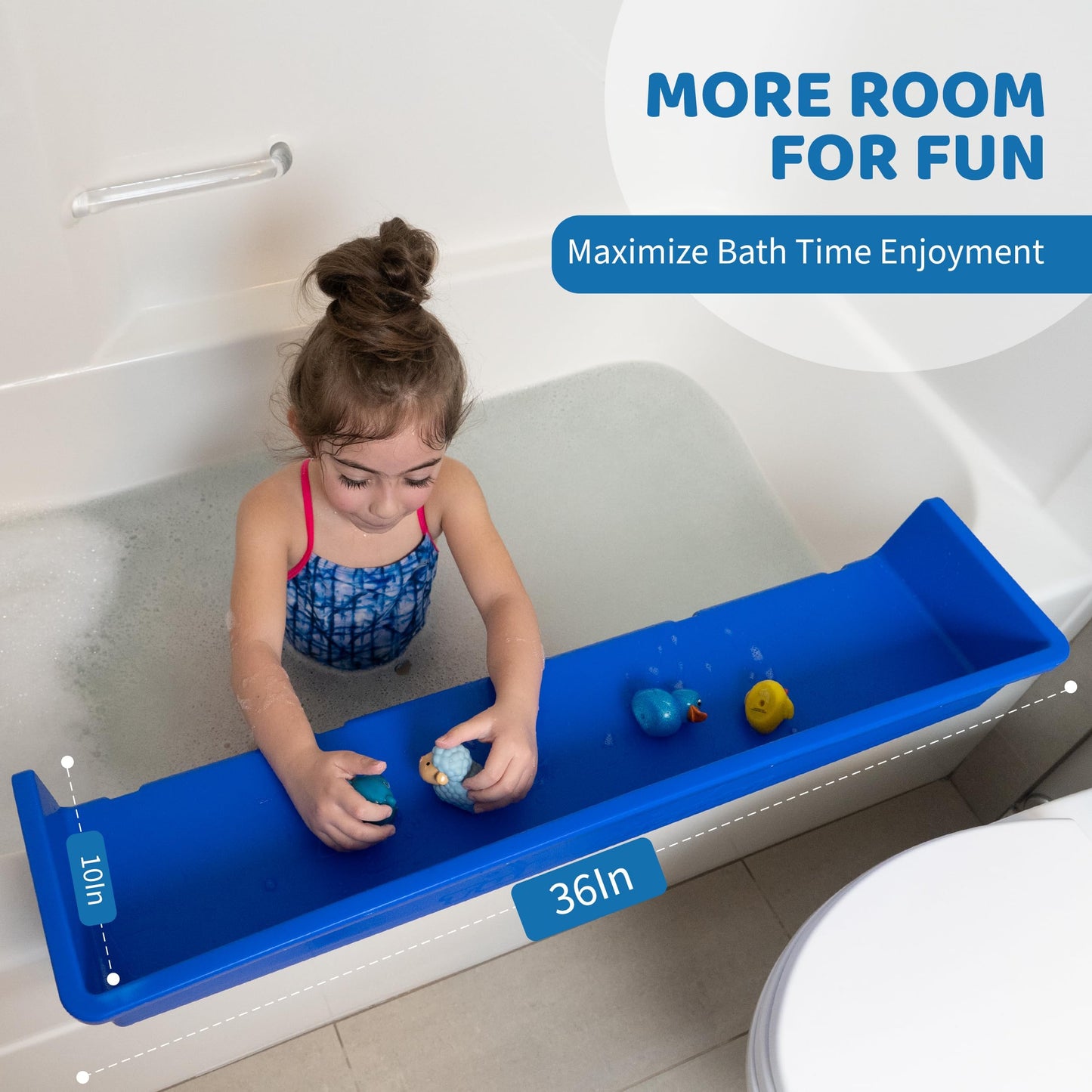 Tub Topper® Bathtub Splash Guard Play Shelf Area -Toy Tray Caddy Holder Storage - Suction Cups Attach to Bath Tub - No Mess Water Spill in Bathroom - Fun for Toddlers Kids Baby (Blue)