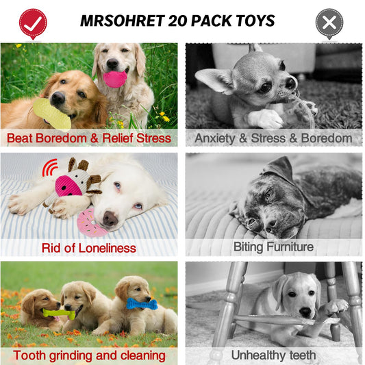 MRSOHRET 20Pcs Puppy Chew Toys for Teething, Dog Chew Toys with Rope Toys, Pet Dog Toothbrush, Treat Balls, Plush Toys and Squeaky Toys for Small Medium Dogs with Basket