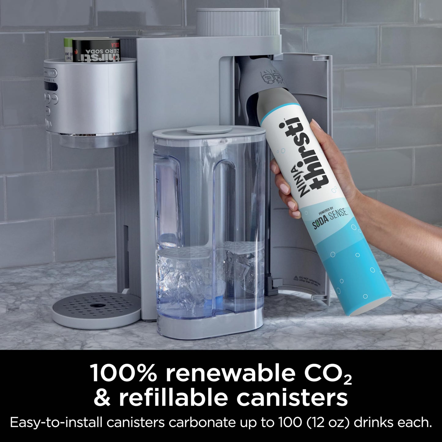 Ninja Thirsti Max Custom Hydration System, Soda Maker, Sparkling Water Maker, Custom Still & Sparkling Drinks, Compact Design, With 60L CO₂ Cylinder & Flavored Water Drops, Silver WC2002