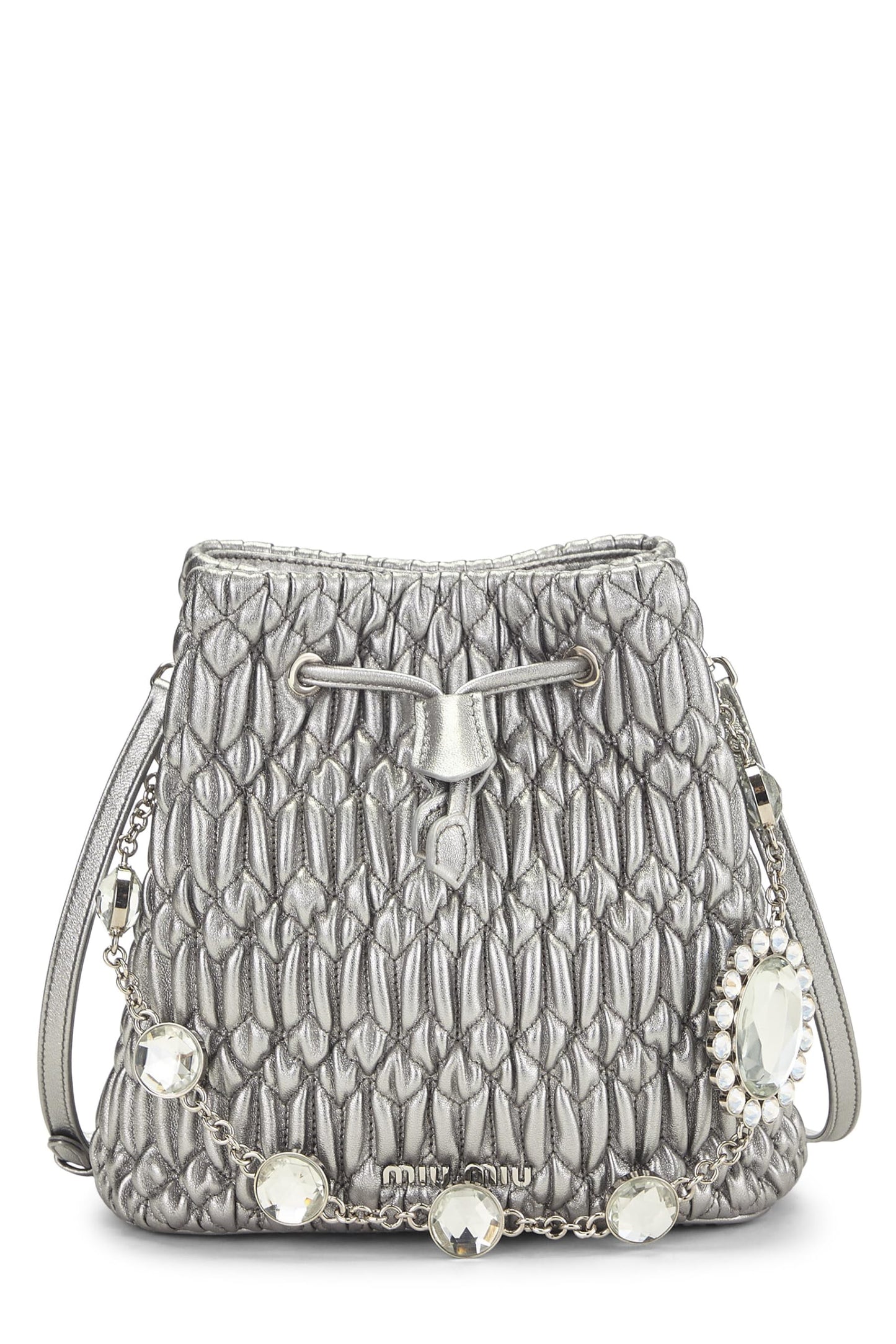 Miu Miu, Pre-Loved Silver Nappa Crystal Drawstring Bucket Bag, Silver