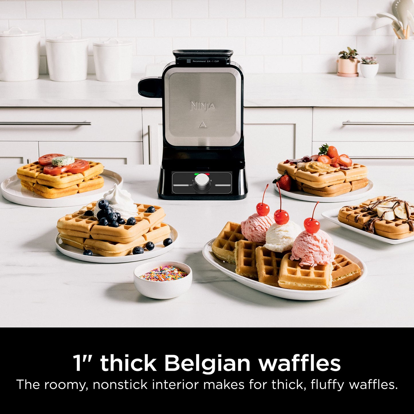 Ninja BW1000C Belgian Waffle Maker, Nonstick, 5 Shade Settings, Easy to Clean, Black/Silver, 12 inch