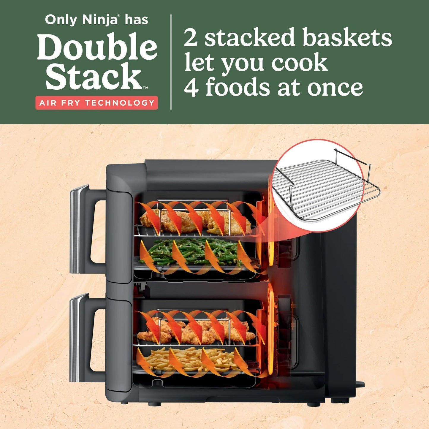 Ninja SL400 DoubleStack XL 2-Basket Air Fryer, Cooks 4 Foods at Once, Compact Design, 10 QT, 4-in-1, Smart Finish & Match Cook, Air Fry, Broil, Bake, Easy Meals, Easy Clean, Grey (Renewed)