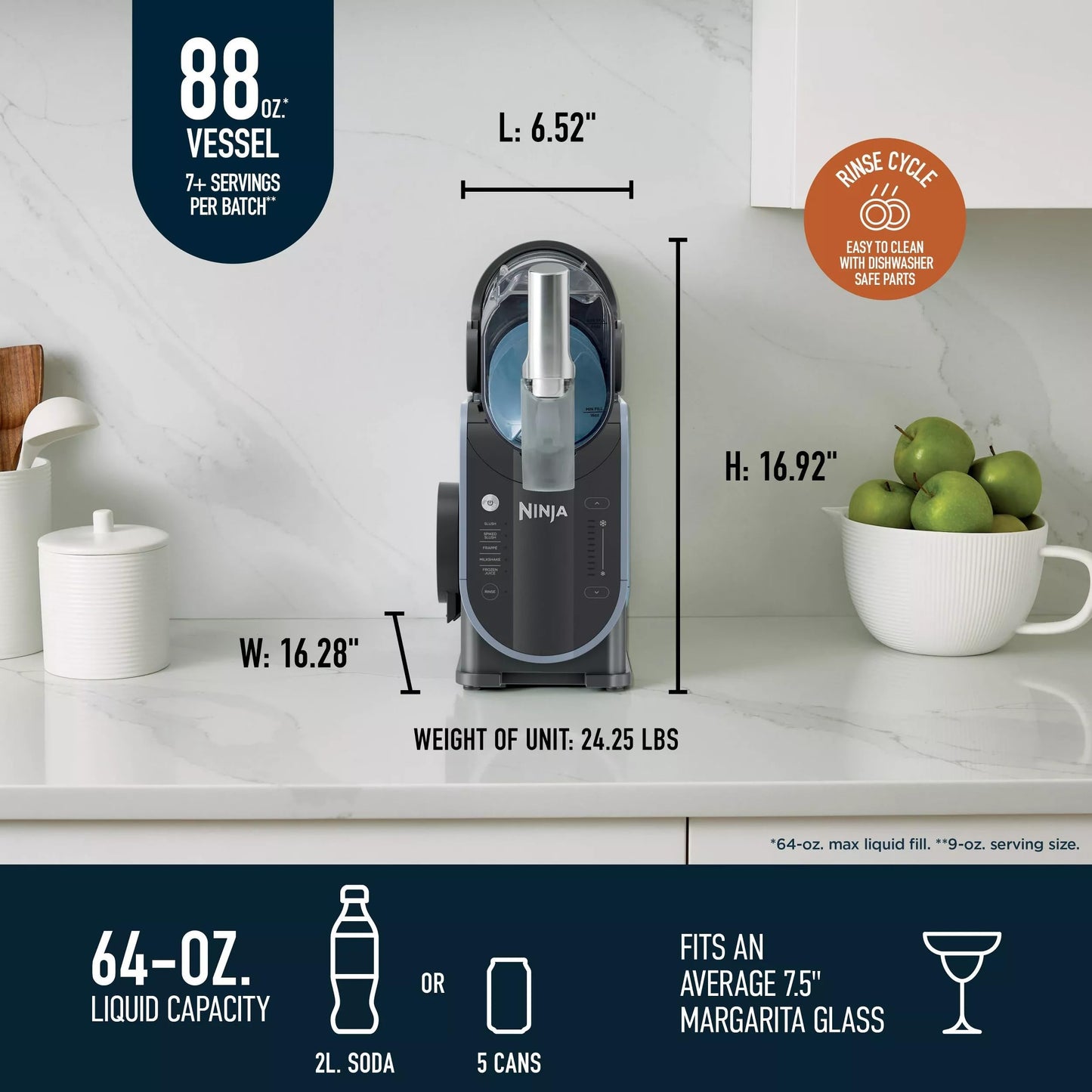 Ninja FS301 Professional Maker with RapidChill Technology, 88 oz Drink & Slushie Machine, 5 Preset Programs, Frozen Margaritas, Frappés, and More, Premium Accents, Black (Renewed)