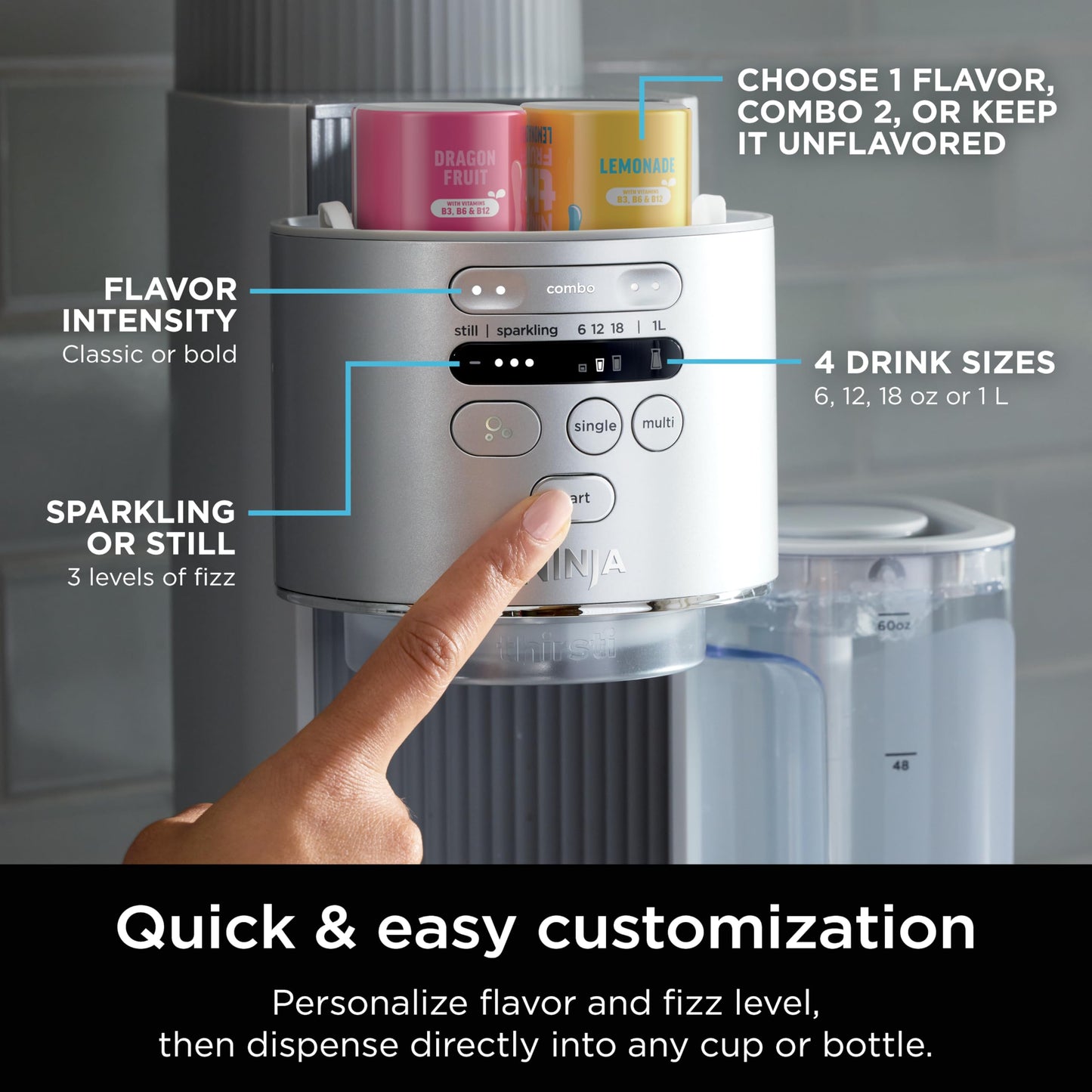 Ninja Thirsti Max Custom Hydration System, Soda Maker, Sparkling Water Maker, Custom Still & Sparkling Drinks, Compact Design, With 60L CO₂ Cylinder & Flavored Water Drops, Silver WC2002