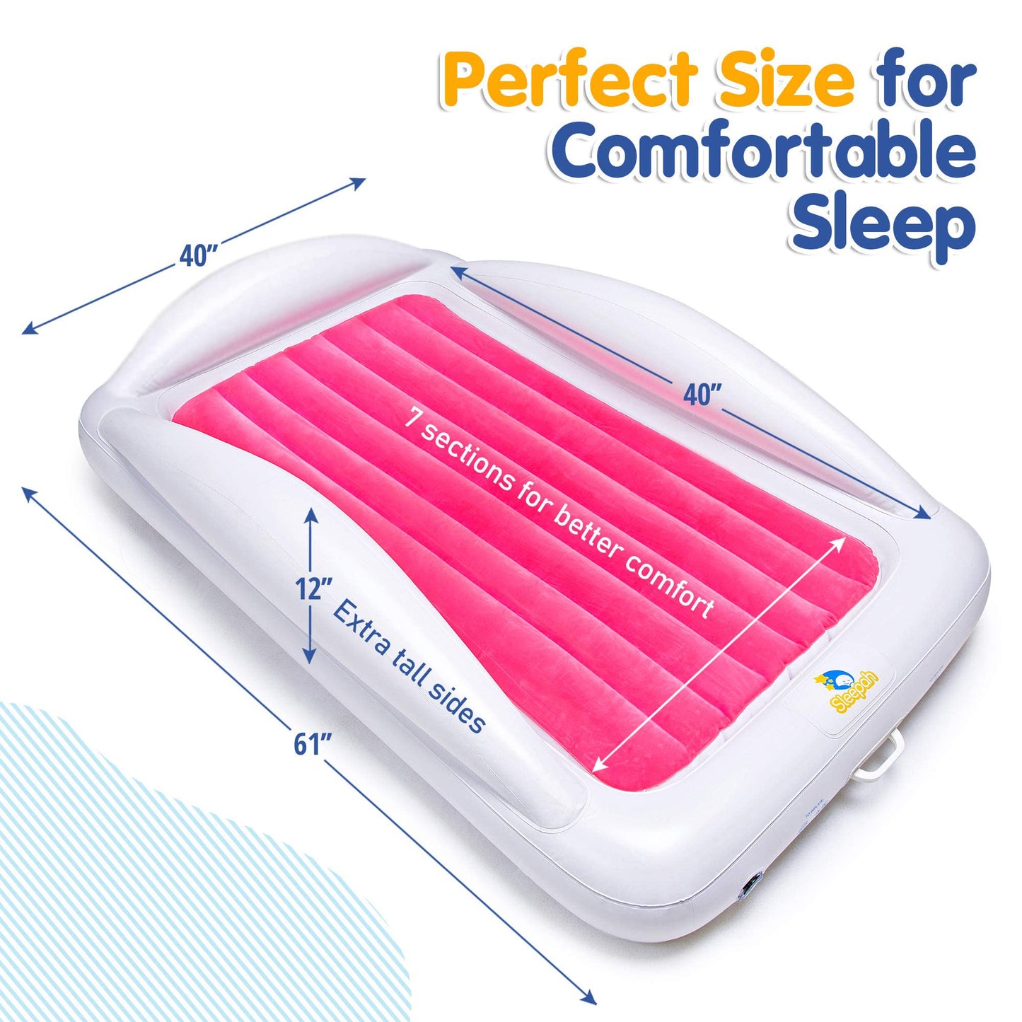 Sleepah Inflatable Toddler Travel Bed Portable Kids Air Mattress Set w Safety Rail Guards for Kids & Toddlers – Includes Pump, Carry Case, Pillow & More - Perfect Transitional Cot Coral