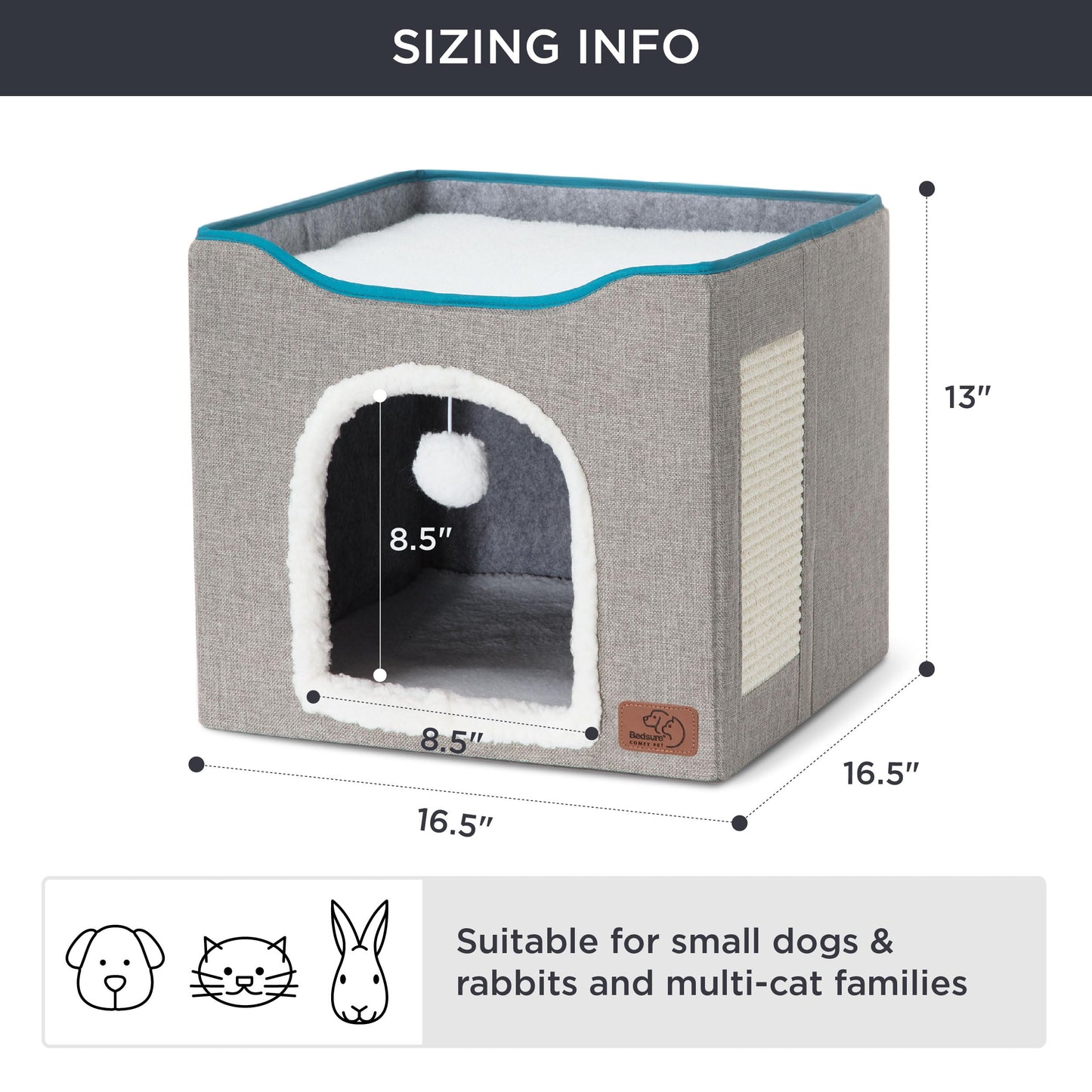 Bedsure Cat Beds for Indoor Cats - Large Cat Cave for Pet Cat House with Fluffy Ball Hanging and Scratch Pad, Foldable Cat Hideaway, 16.5x16.5x13 inches, Grey