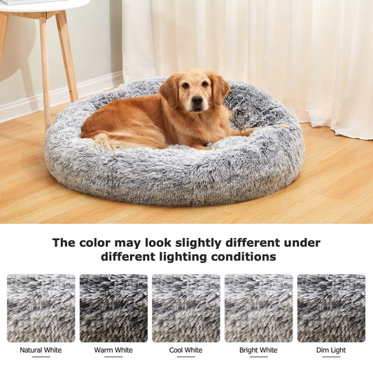 Bedfolks Calming Donut Dog Bed for Small Dogs & Cats, 23 Inches Round, Machine Washable, Anti-Anxiety Plush Bed (Dark Grey, Small)