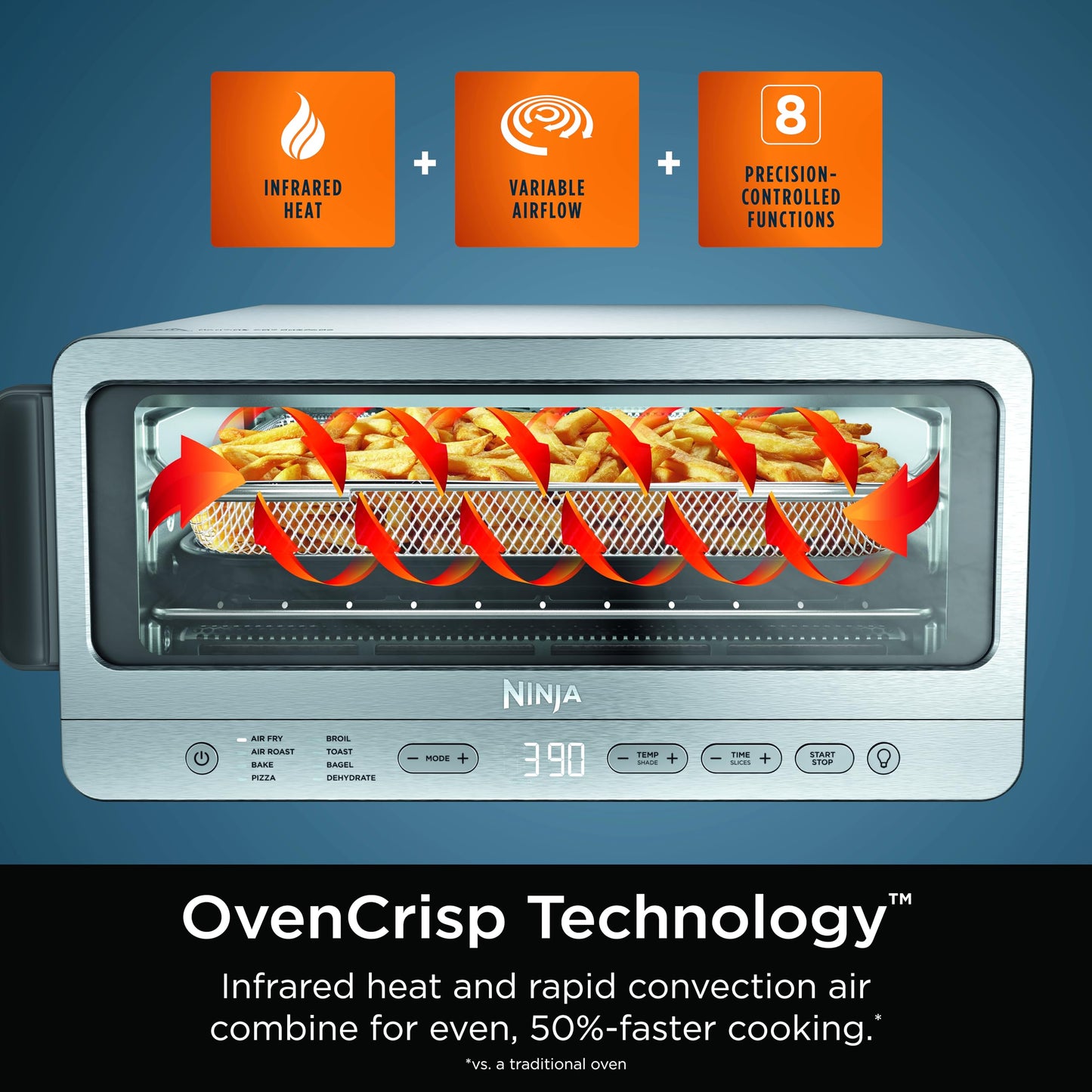 Ninja Flip Toaster Oven & Air Fryer, 8-in-1 Functionality, Flip Up for Storage Space, Large Capacity, Air Fry Basket, Wire Rack, Sheet Pan, Removable Crumb Tray, Stainless, 1800 Watts, SP151 (Renewed)