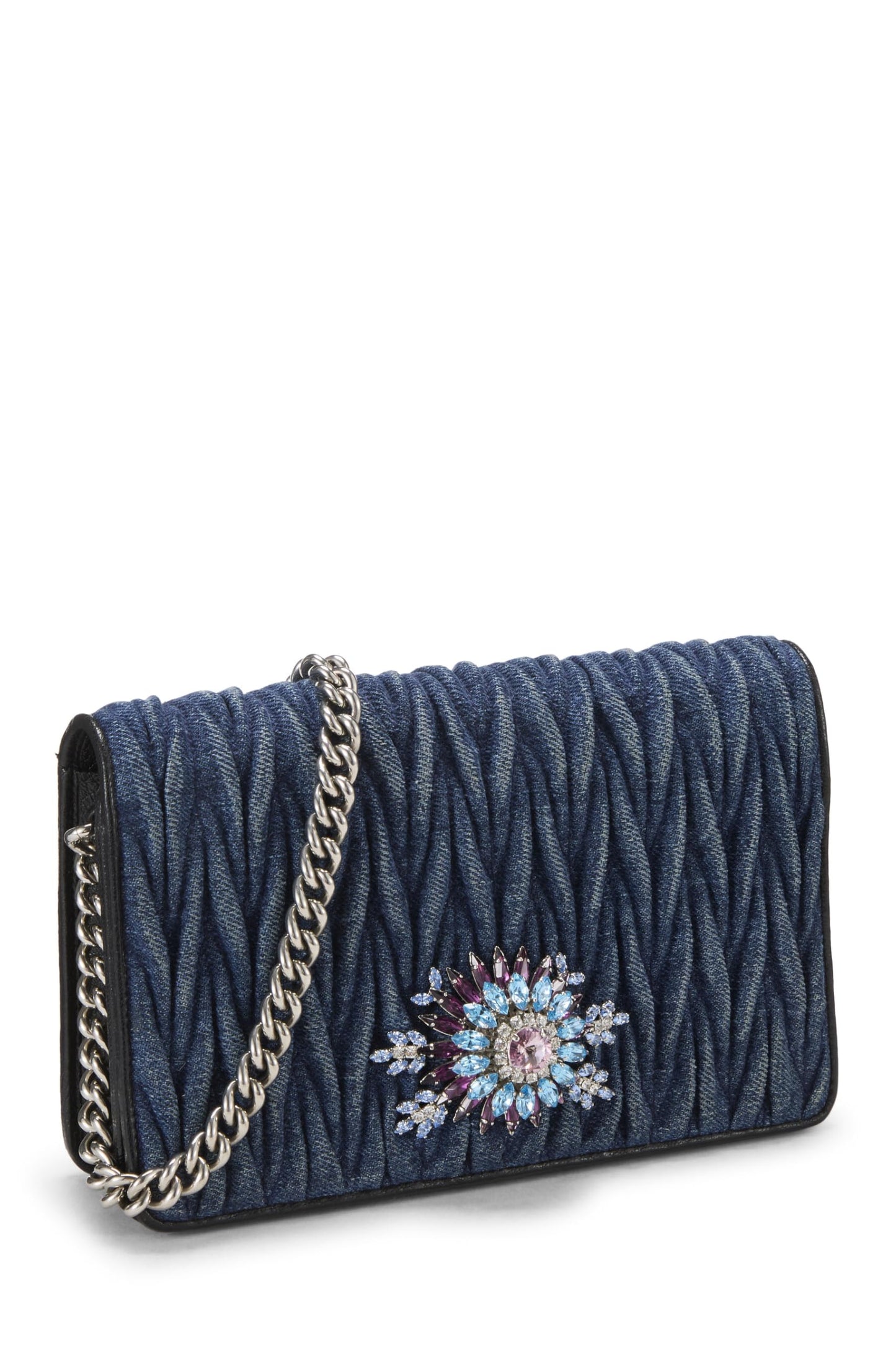 Miu Miu, Pre-Loved Blue Denim Crystal Embellished Wallet On Chain (WOC), Blue