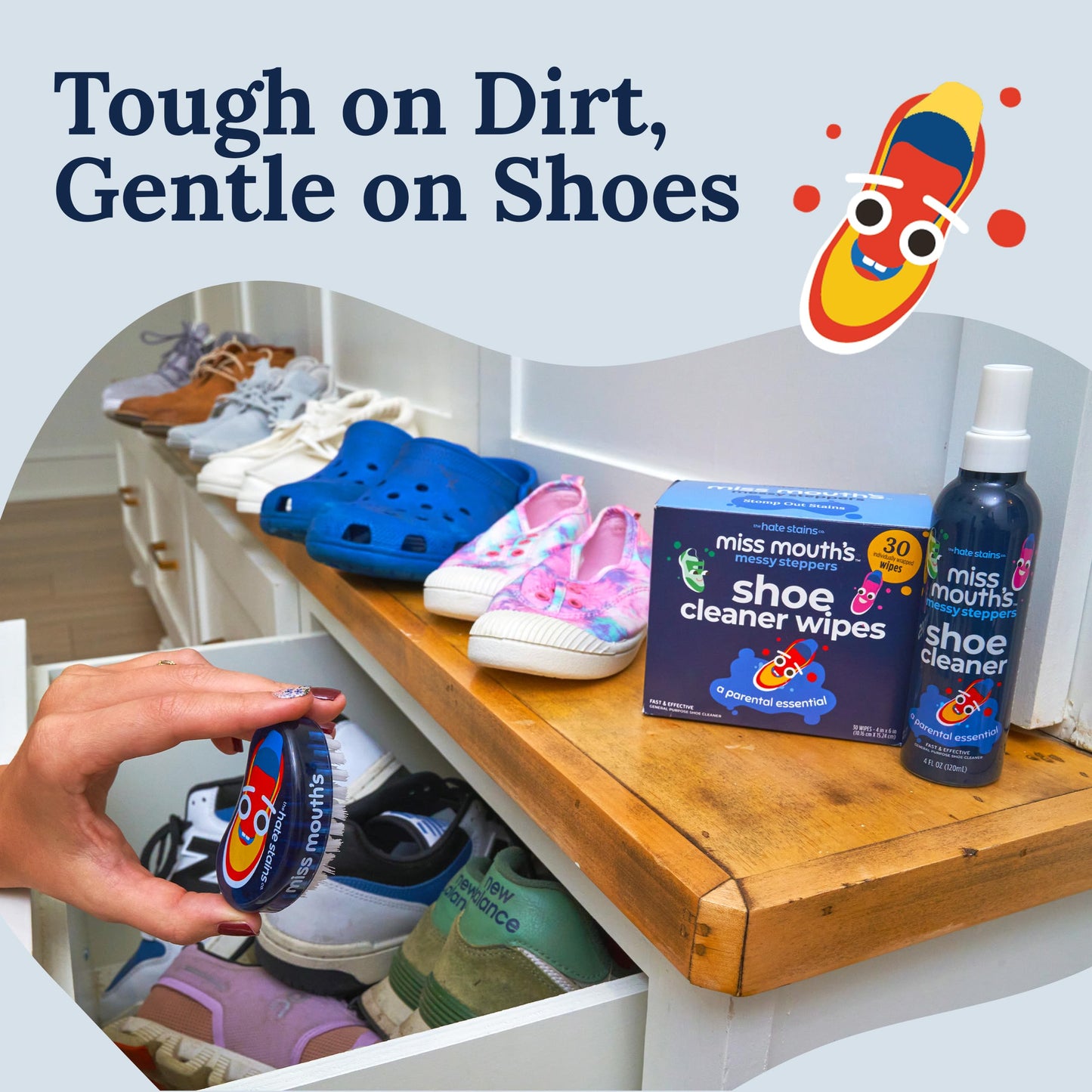 Miss Mouth's Messy Steppers Shoe Cleaner Brush - Remove Dirt, Grass, Scuffs from Rubber, Canvas, and Leather from the makers of Miss Mouth's Messy Eater Stain Treater