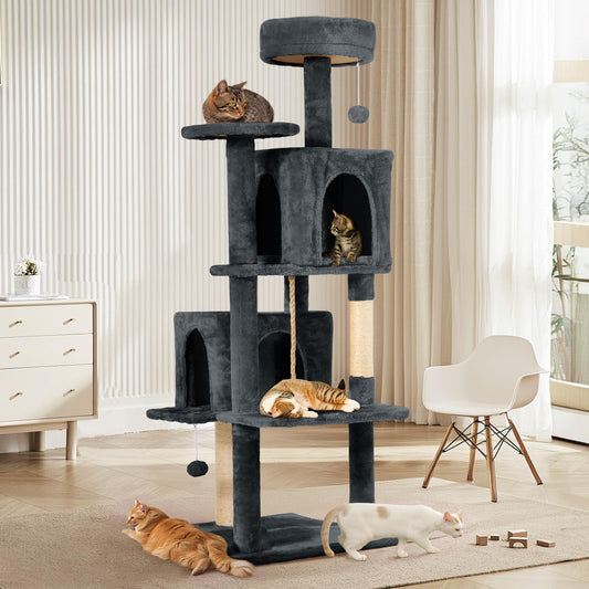 TSCOMON 58.5inch Large Cat Tree Tower Condo for Indoor Cats, Soft Plush Multi-Level Climbing Tree Cat House with 1 360° Rotating Cat Cave, Scratching Post, More Entrance/Exit, Sisal Rope, Grey Black