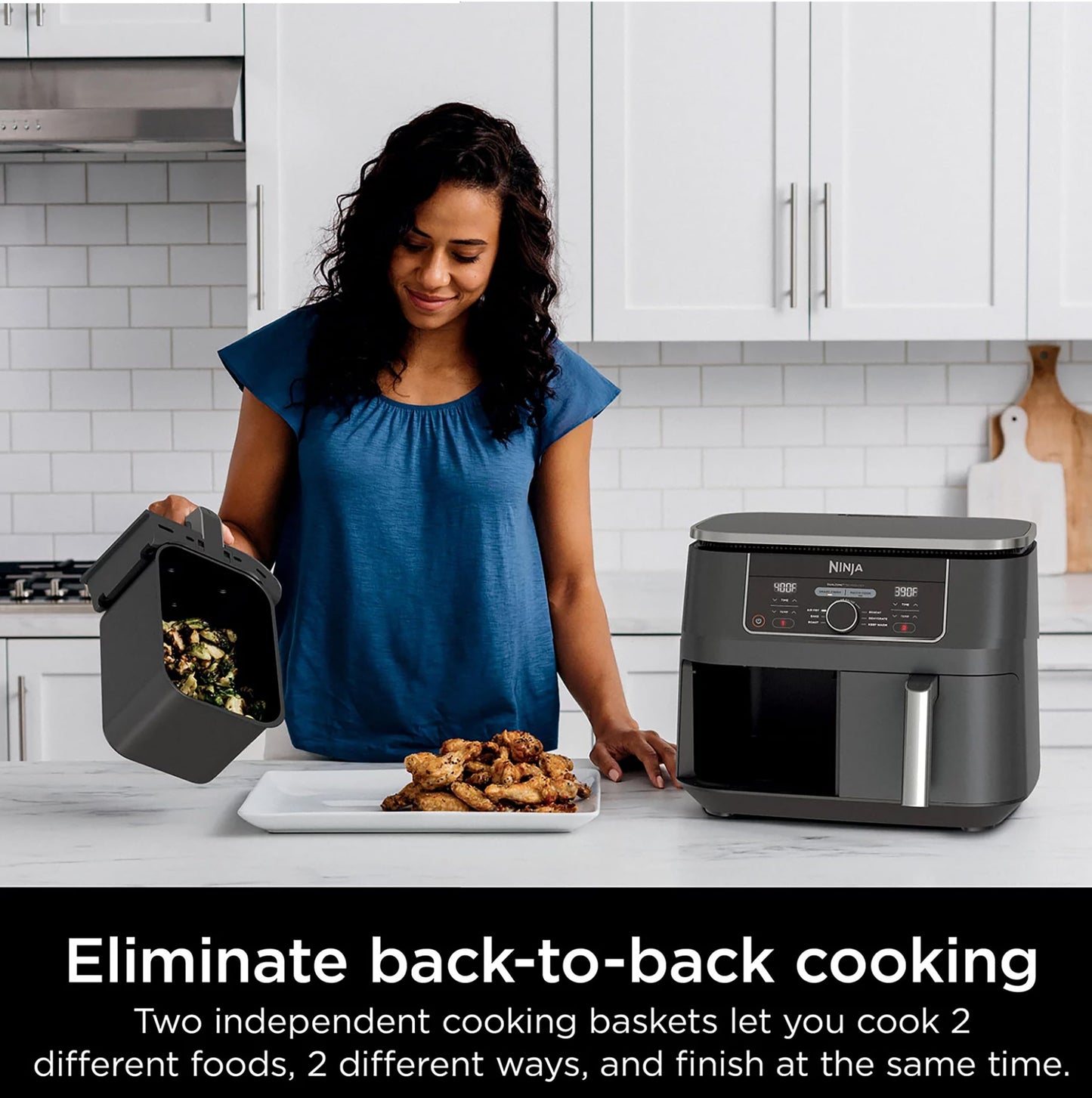 Ninja AD150 Foodi 8 Quart 6-in-1 DualZone 2-Basket Air Fryer with 2 Independent Frying Baskets, Match Cook & Smart Finish to Roast, Broil, Dehydrate & More for Quick, Easy Meals, Black (Renewed)