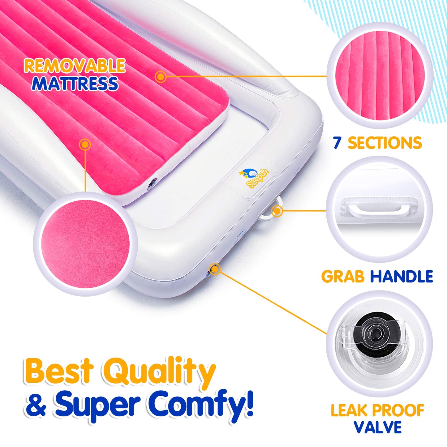 Sleepah Inflatable Toddler Travel Bed Portable Kids Air Mattress Set w Safety Rail Guards for Kids & Toddlers – Includes Pump, Carry Case, Pillow & More - Perfect Transitional Cot Coral