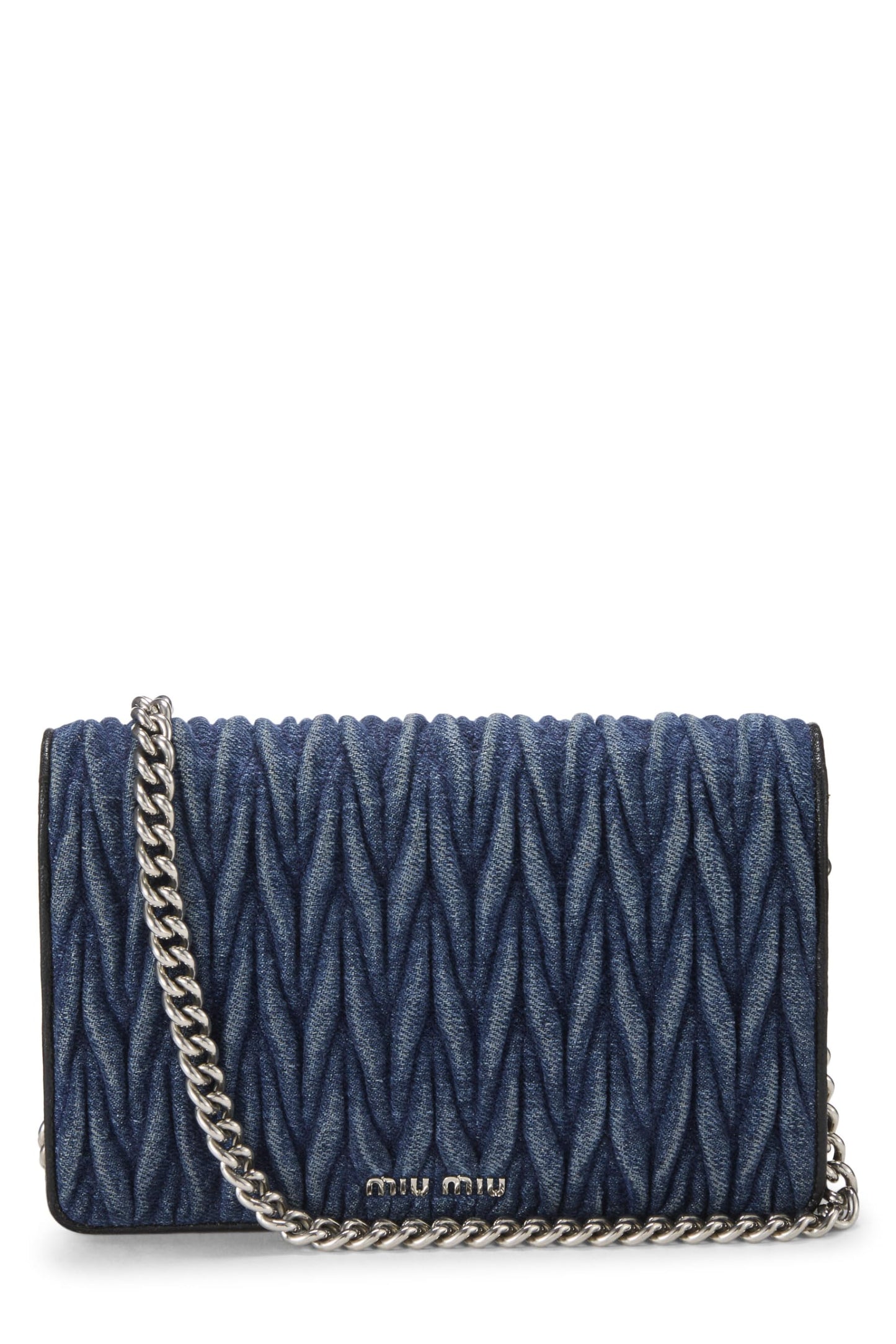 Miu Miu, Pre-Loved Blue Denim Crystal Embellished Wallet On Chain (WOC), Blue