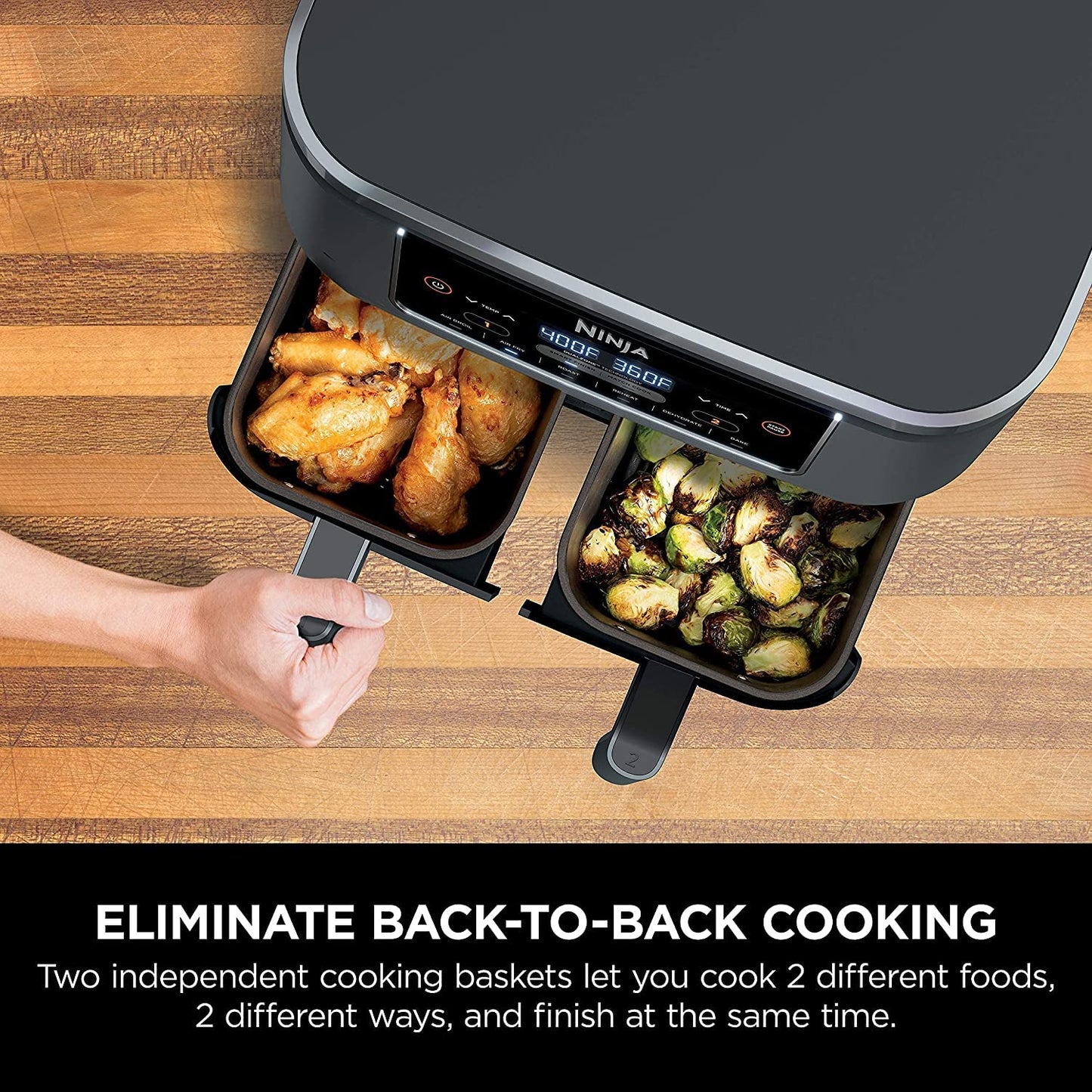 Ninja DZ201 Foodi 6-in-1 2-Basket Air Fryer with DualZone Technology, 8-Quart Capacity -Dark Grey Stainless- (Renewed)